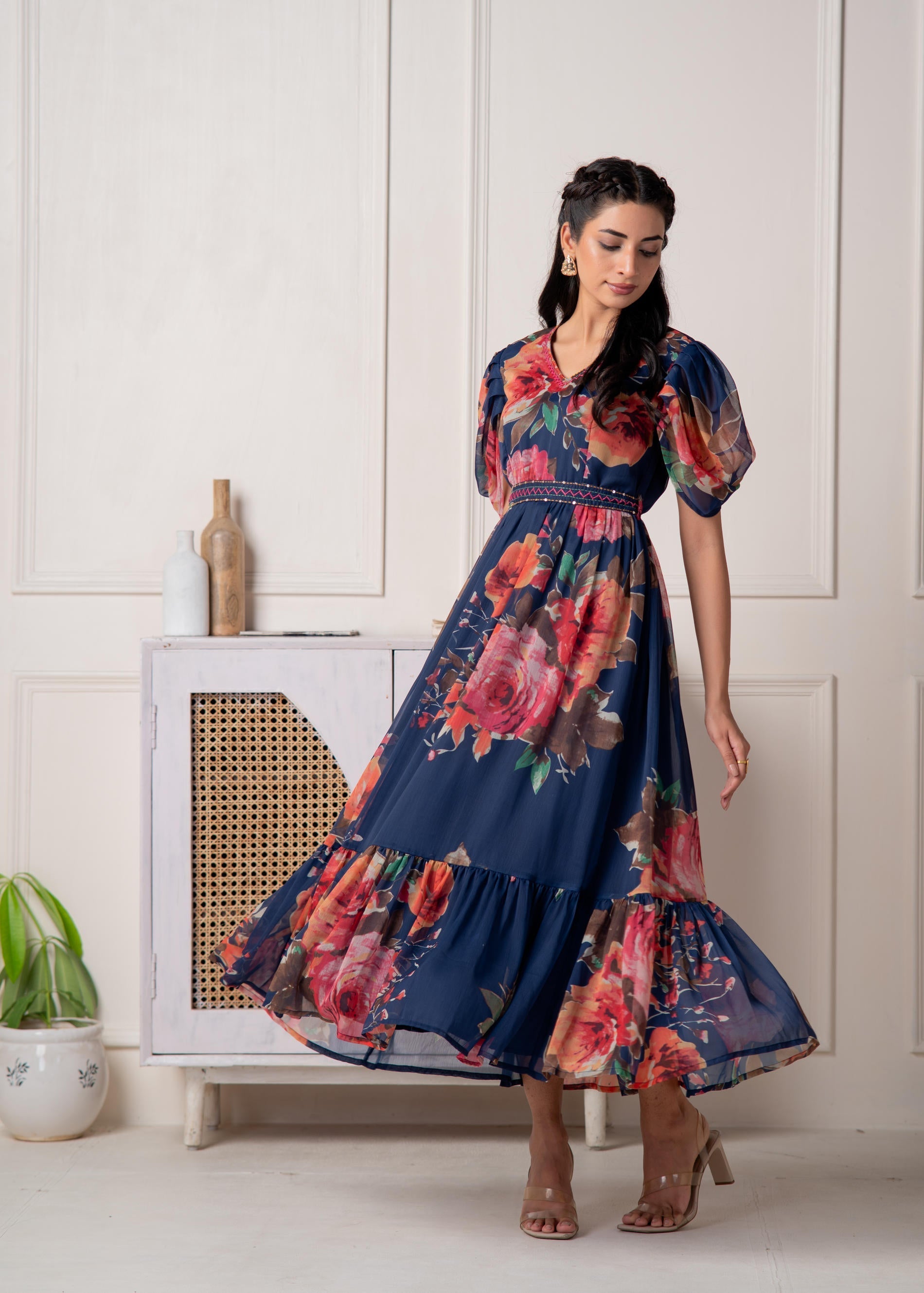 Navy Blue Floral Printed Fit & Flare Maxi Dress | DesiQlo