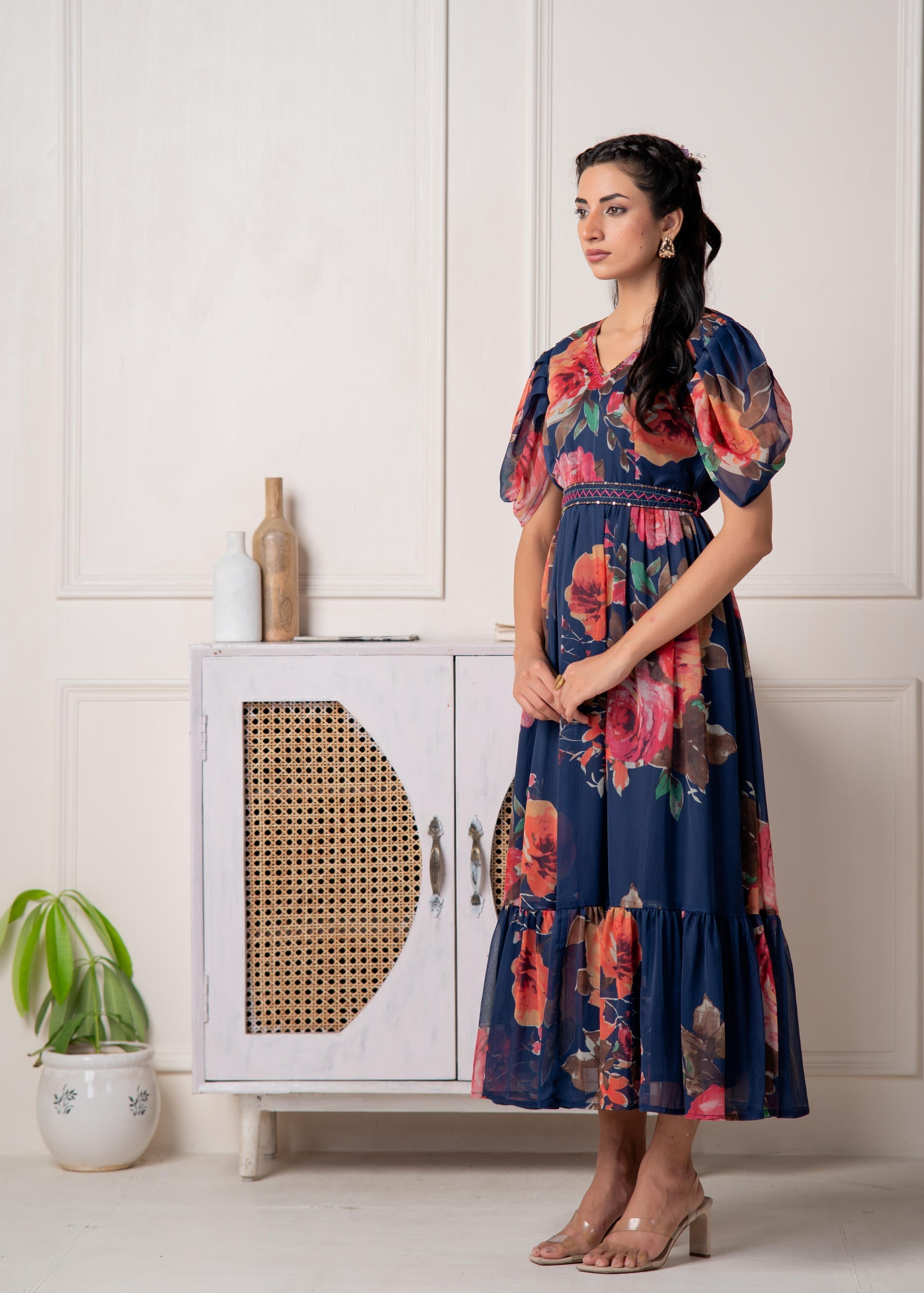 Navy Blue Floral Printed Fit & Flare Maxi Dress | DesiQlo