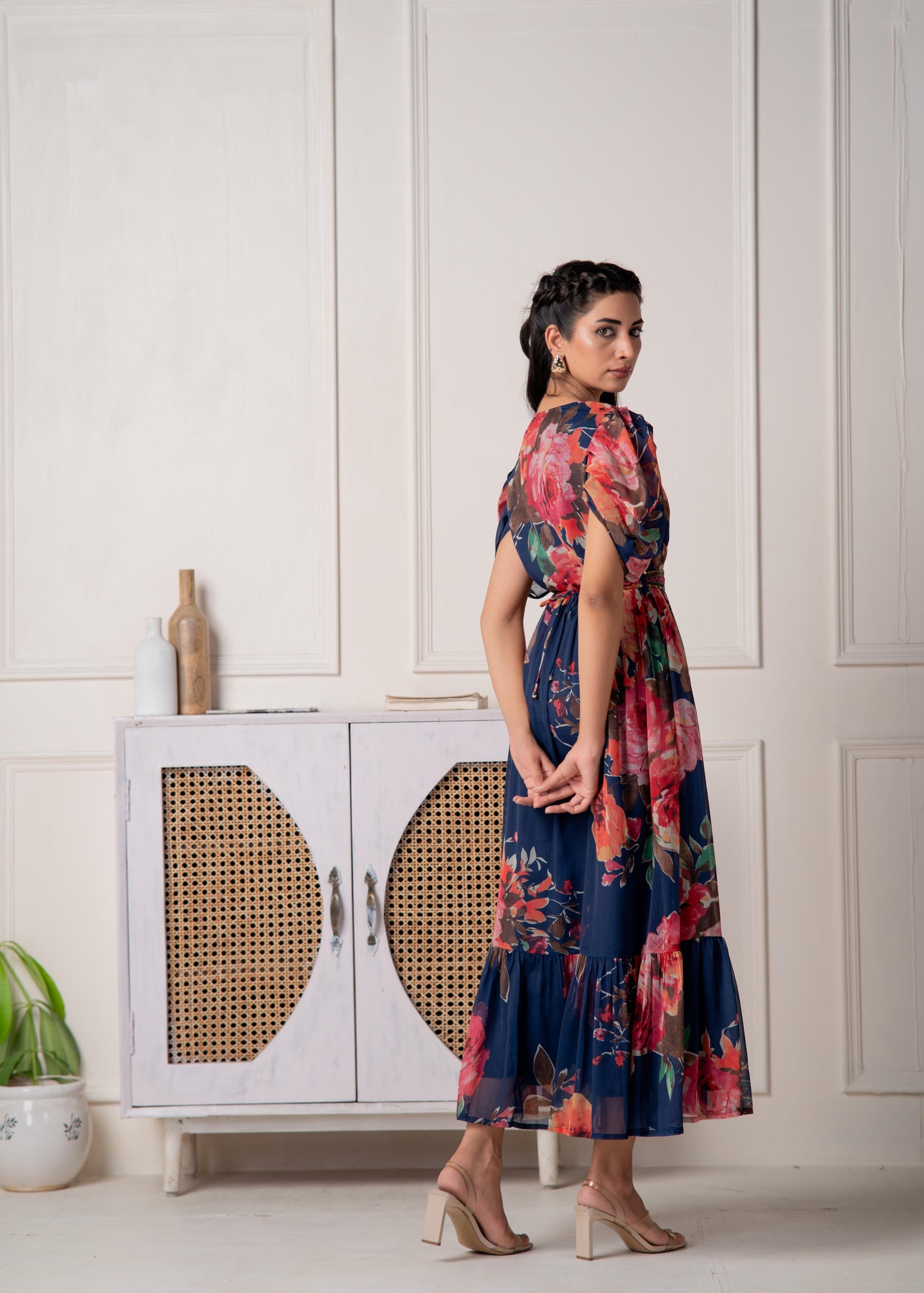 Navy Blue Floral Printed Fit & Flare Maxi Dress | DesiQlo
