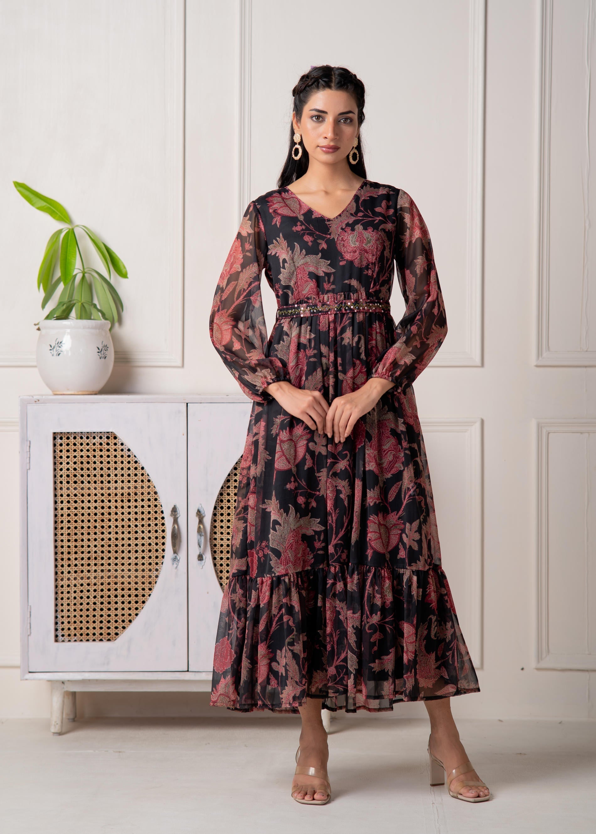 Floral Printed Dress With Sheer Sleeves & Beaded Waist Detailing - Bla