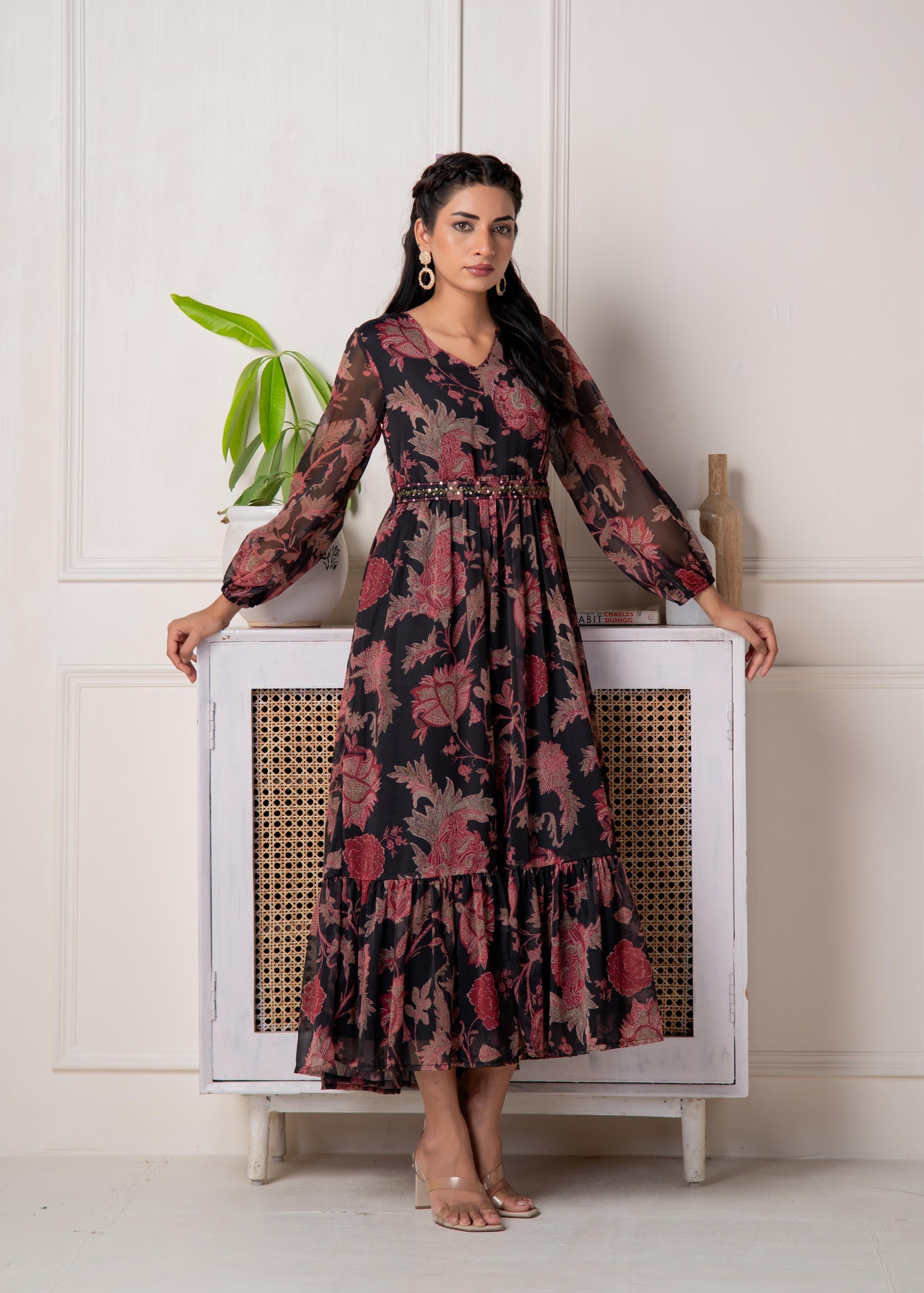Floral Printed Dress With Sheer Sleeves & Beaded Waist Detailing - Bla