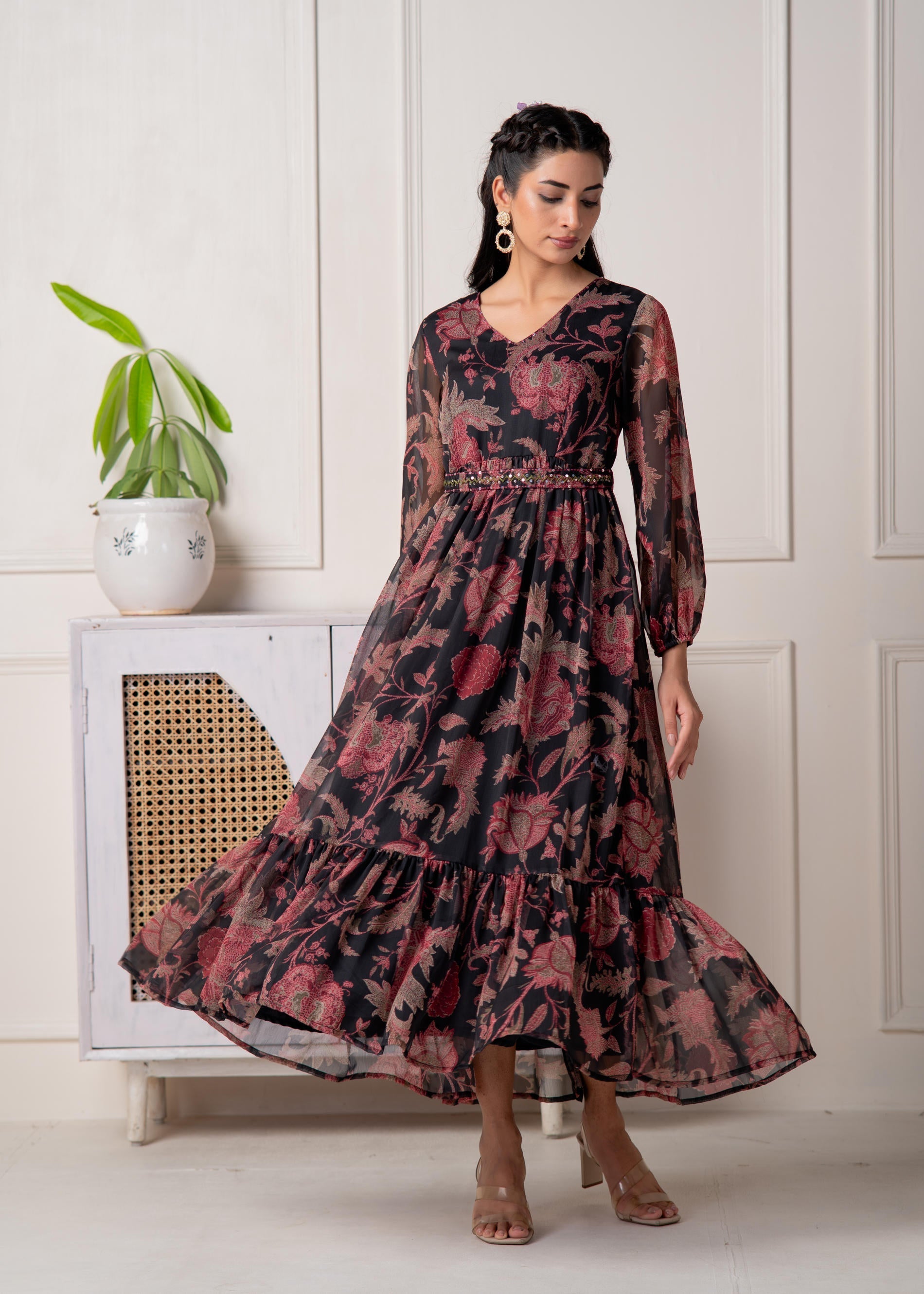 Floral Printed Dress With Sheer Sleeves & Beaded Waist Detailing - Bla