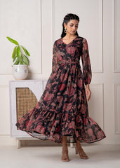 Floral Printed Dress With Sheer Sleeves & Beaded Waist Detailing