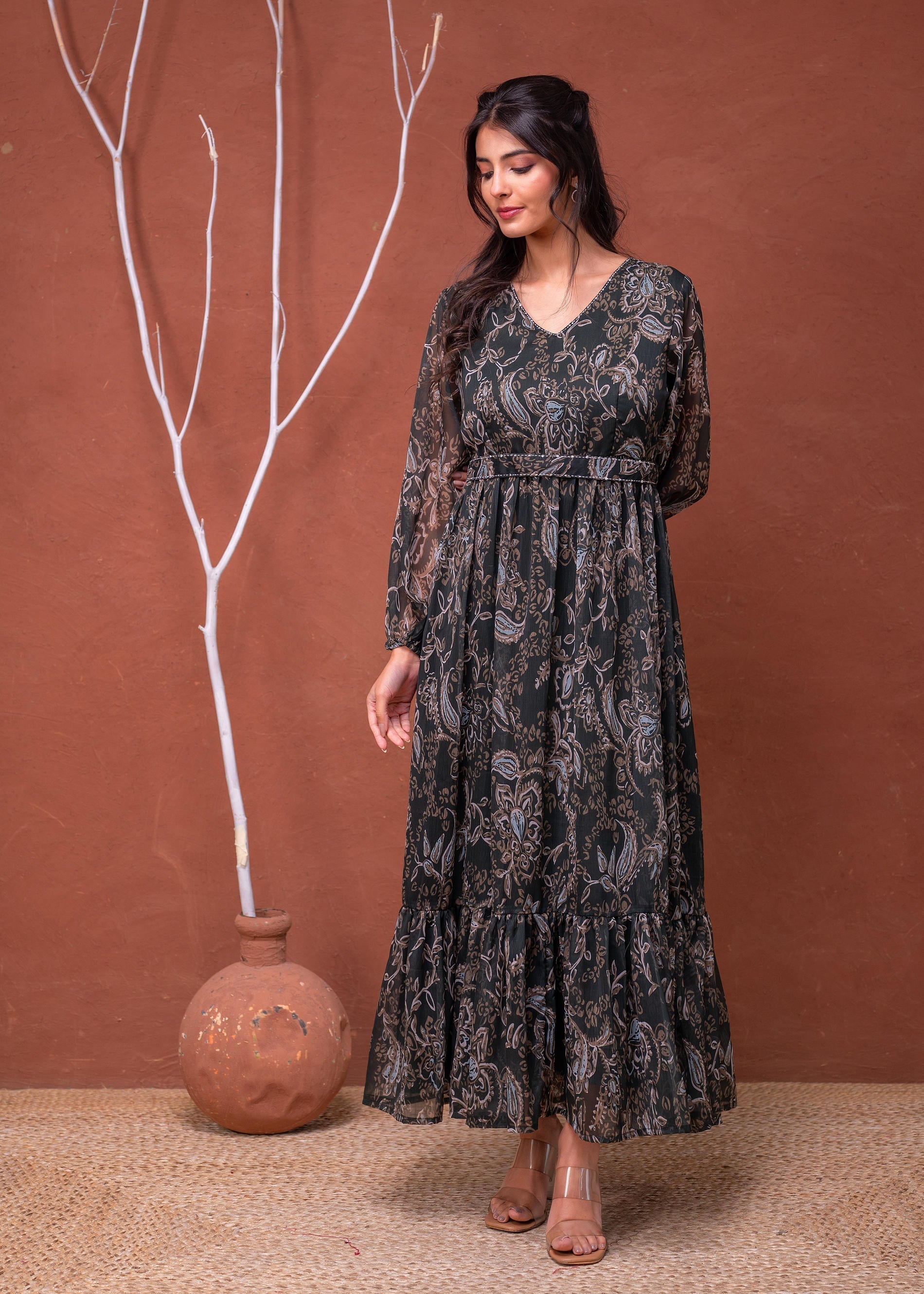 Floral Printed Dress With Sheer Sleeves & Beaded Waist Detailing - Gre