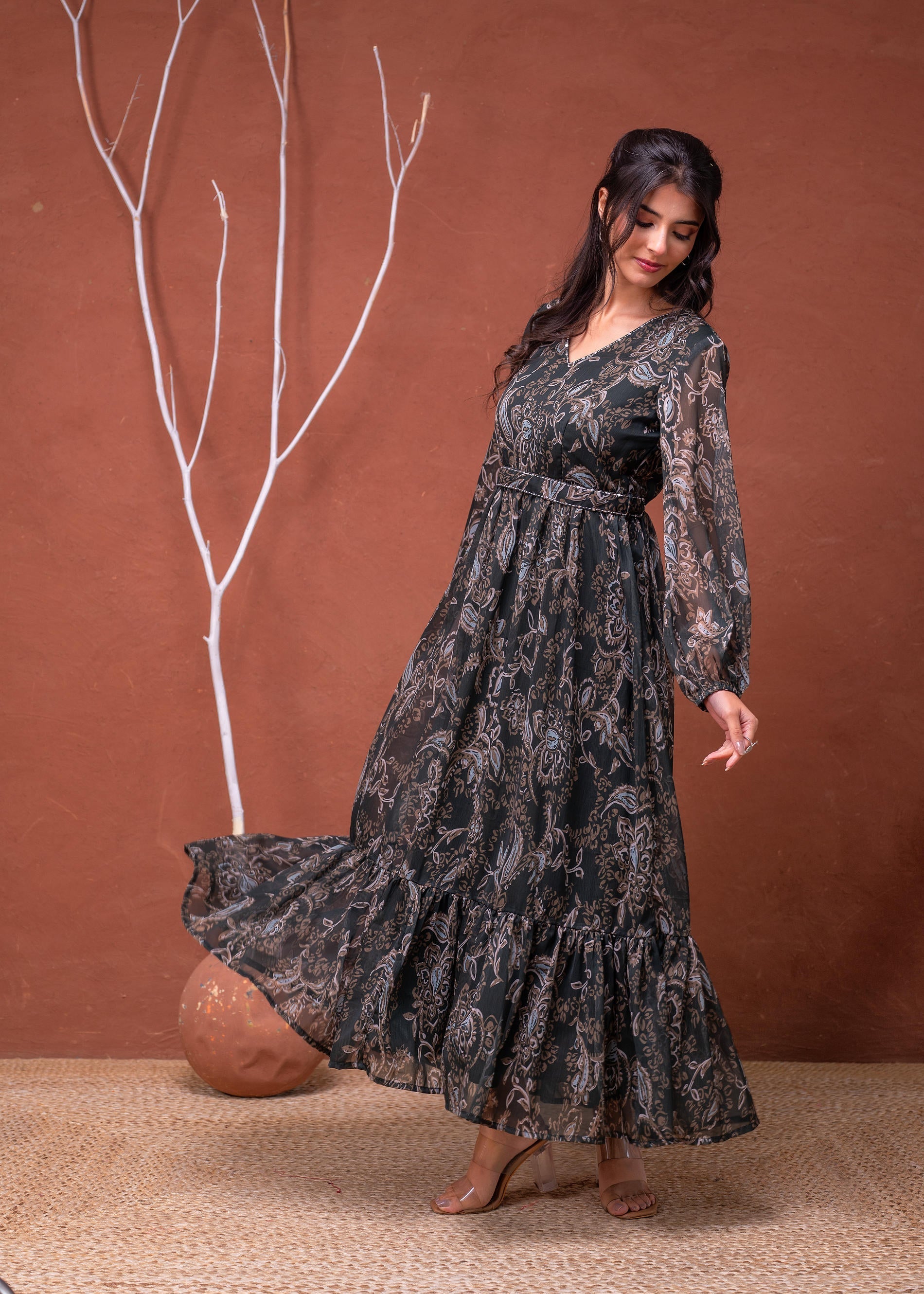 Floral Printed Dress With Sheer Sleeves & Beaded Waist Detailing - Gre