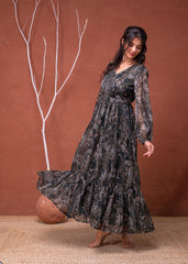 Floral Printed Dress With Sheer Sleeves & Beaded Waist Detailing