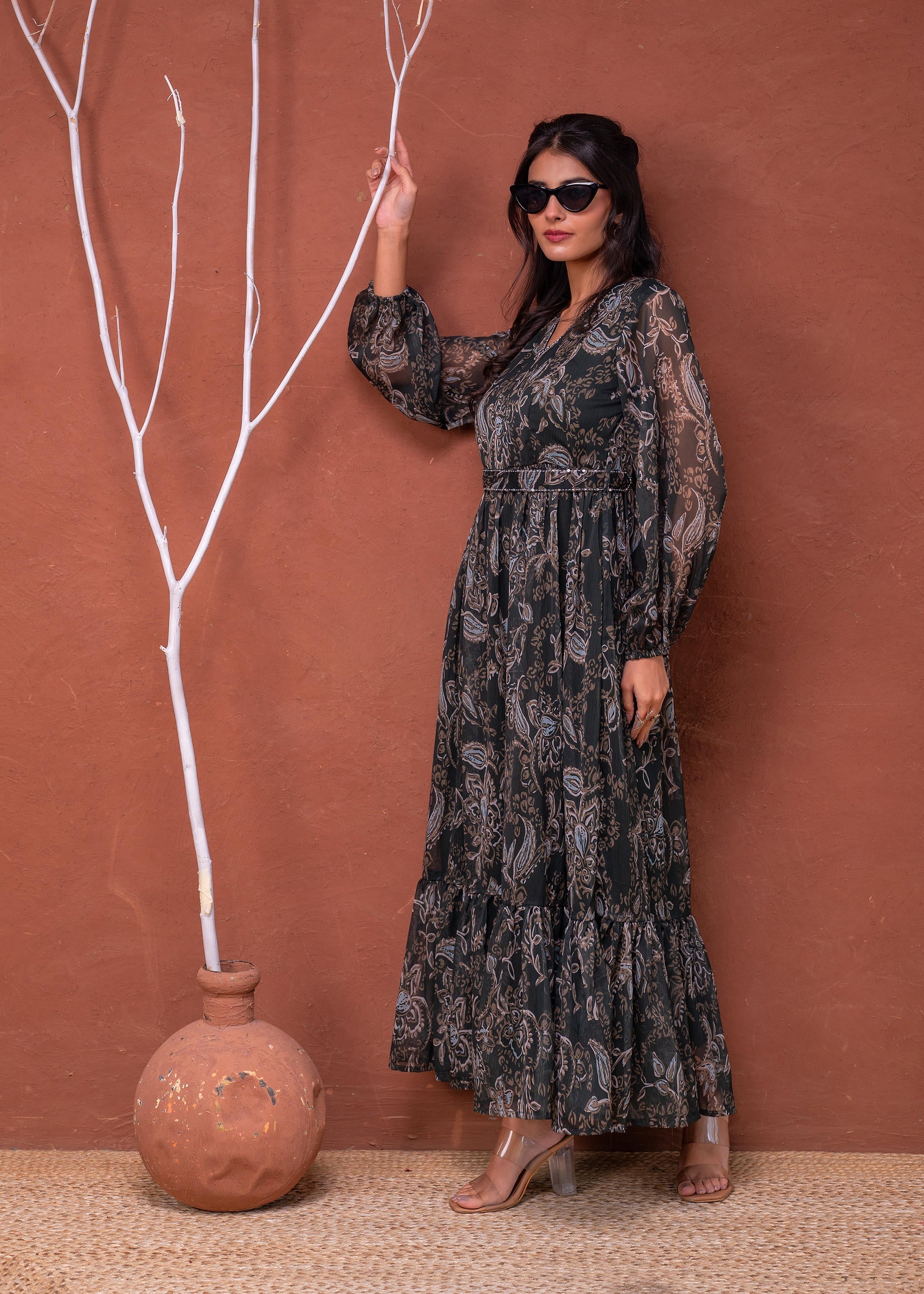 Floral Printed Dress With Sheer Sleeves & Beaded Waist Detailing - Gre