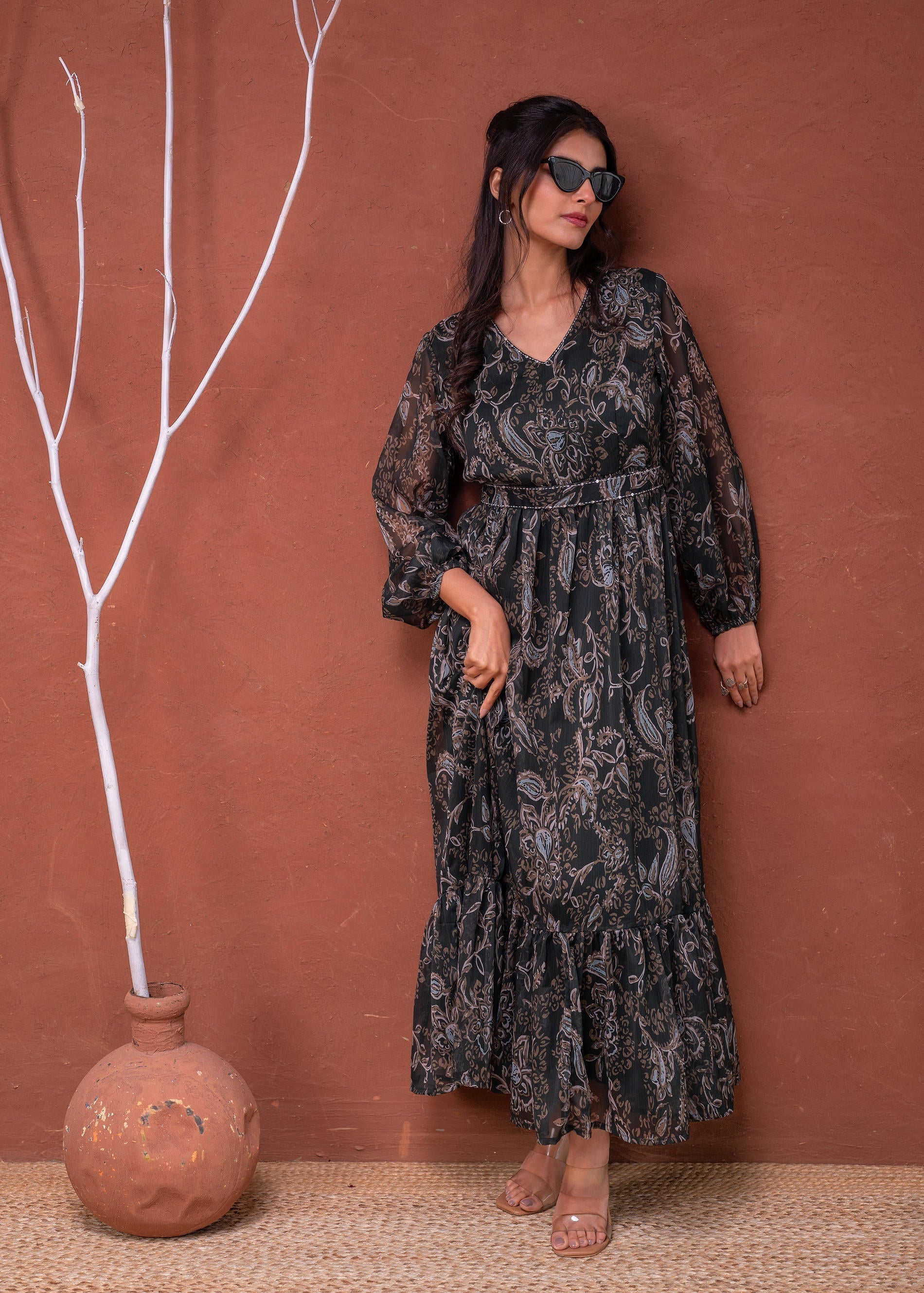 Floral Printed Dress With Sheer Sleeves & Beaded Waist Detailing - Gre