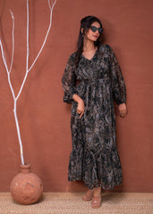 Floral Printed Dress With Sheer Sleeves & Beaded Waist Detailing