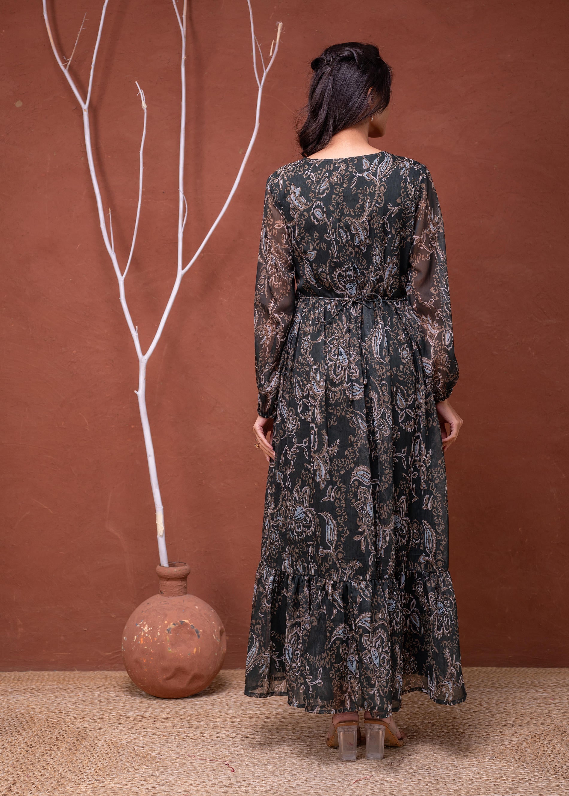 Floral Printed Dress With Sheer Sleeves & Beaded Waist Detailing - Gre