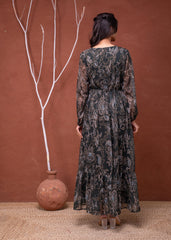 Floral Printed Dress With Sheer Sleeves & Beaded Waist Detailing