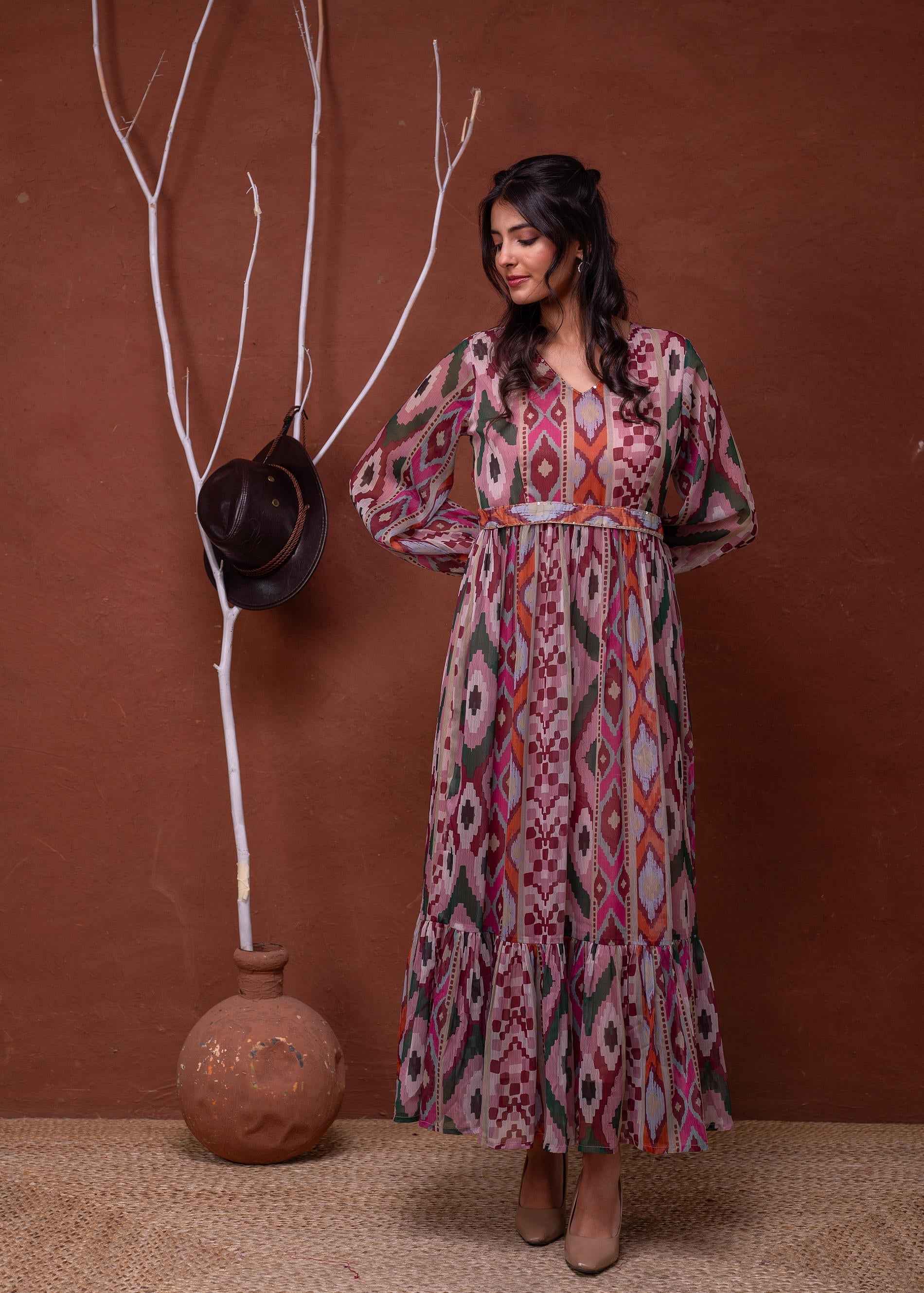 Floral Printed Dress With Sheer Sleeves & Beaded Waist Detailing - Pin