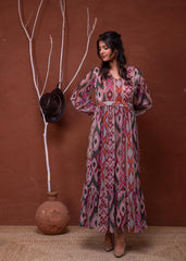 Floral Printed Dress With Sheer Sleeves & Beaded Waist Detailing