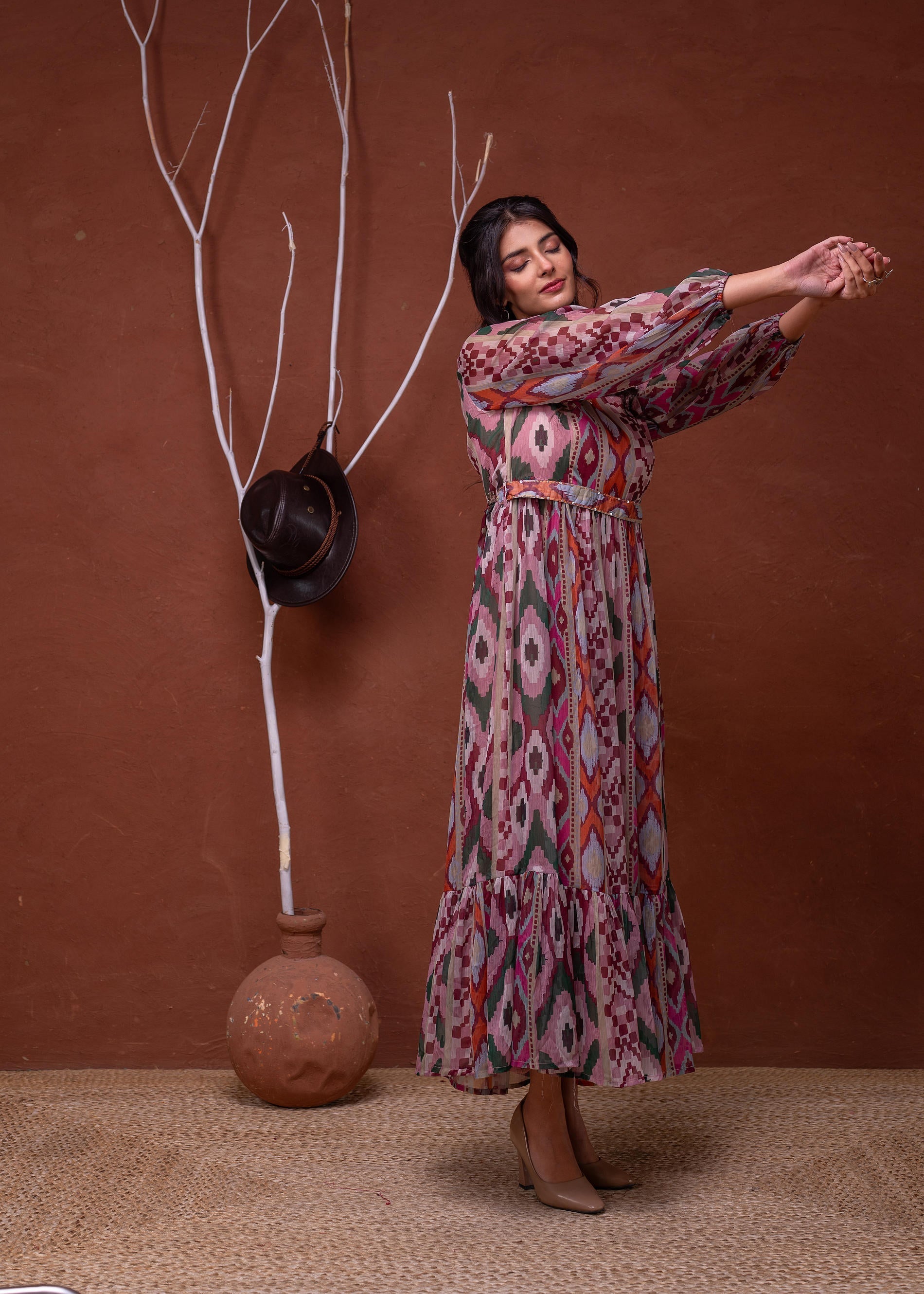 Floral Printed Dress With Sheer Sleeves & Beaded Waist Detailing - Pin