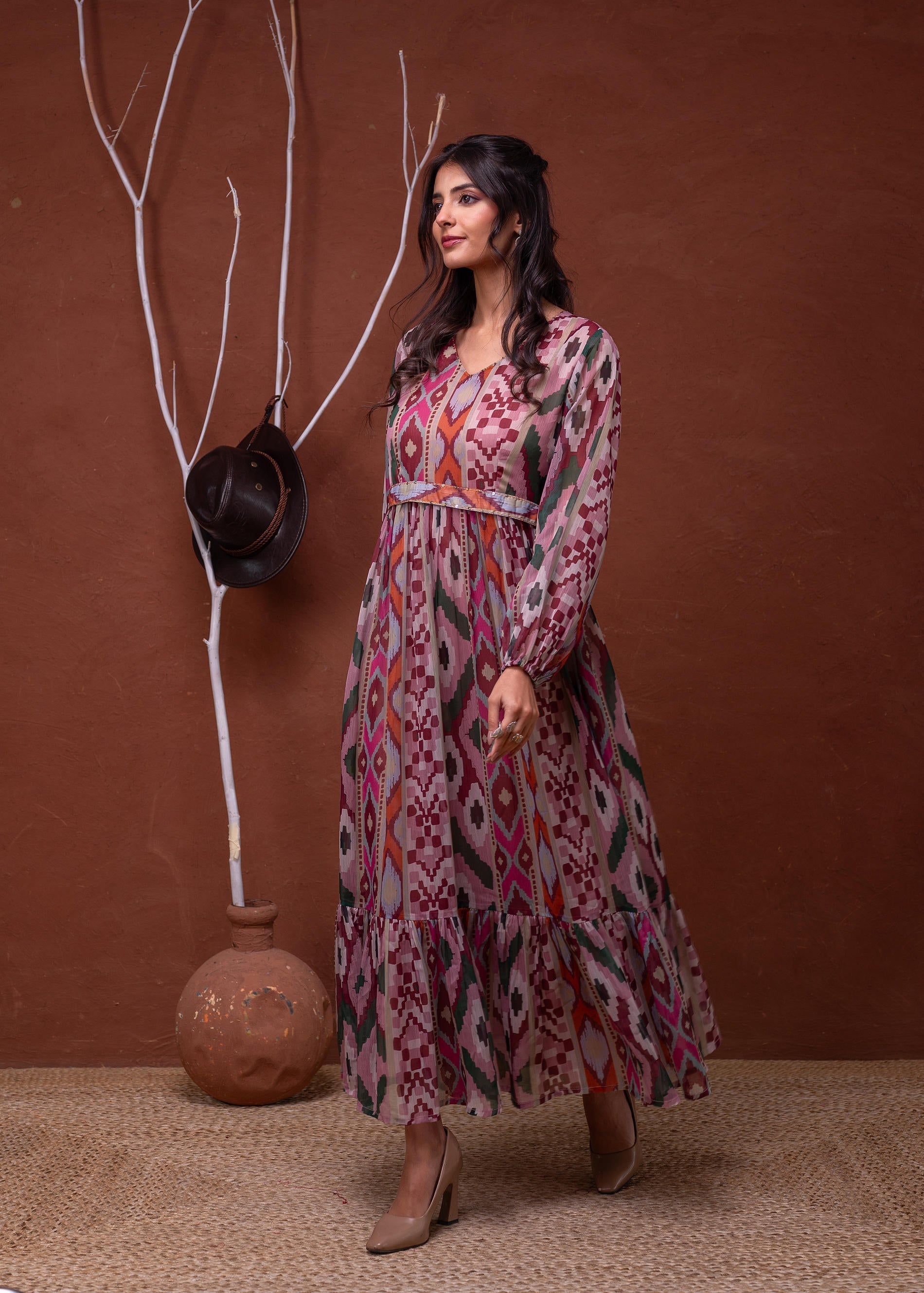 Floral Printed Dress With Sheer Sleeves & Beaded Waist Detailing - Pin