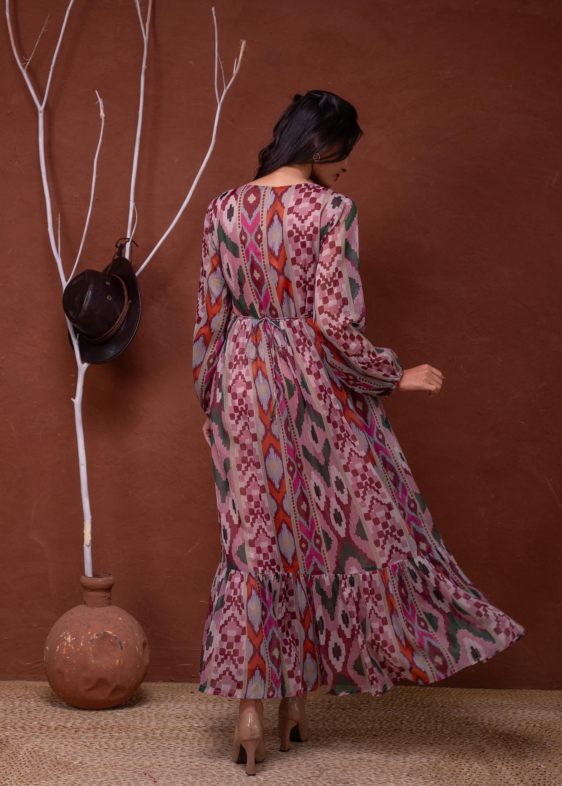 Floral Printed Dress With Sheer Sleeves & Beaded Waist Detailing - Pin