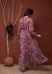 Floral Printed Dress With Sheer Sleeves & Beaded Waist Detailing