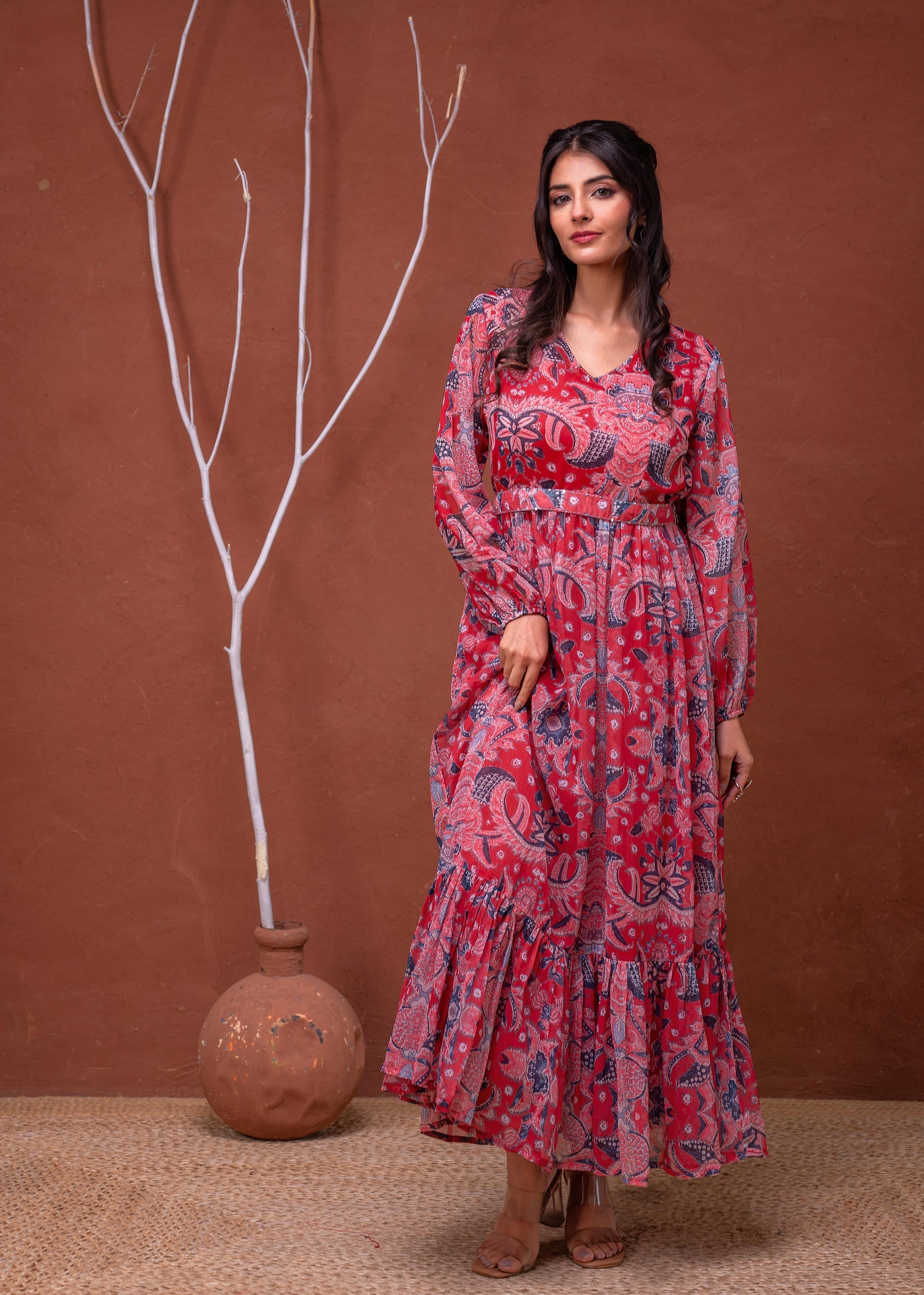 Floral Printed Dress With Sheer Sleeves & Beaded Waist Detailing - Red
