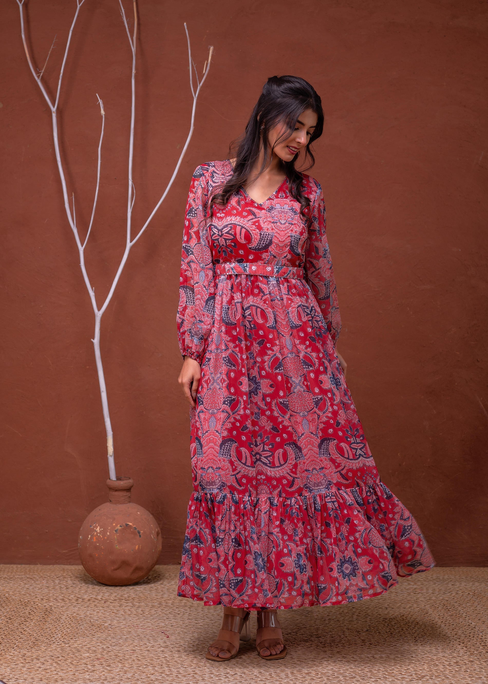 Floral Printed Dress With Sheer Sleeves & Beaded Waist Detailing - Red