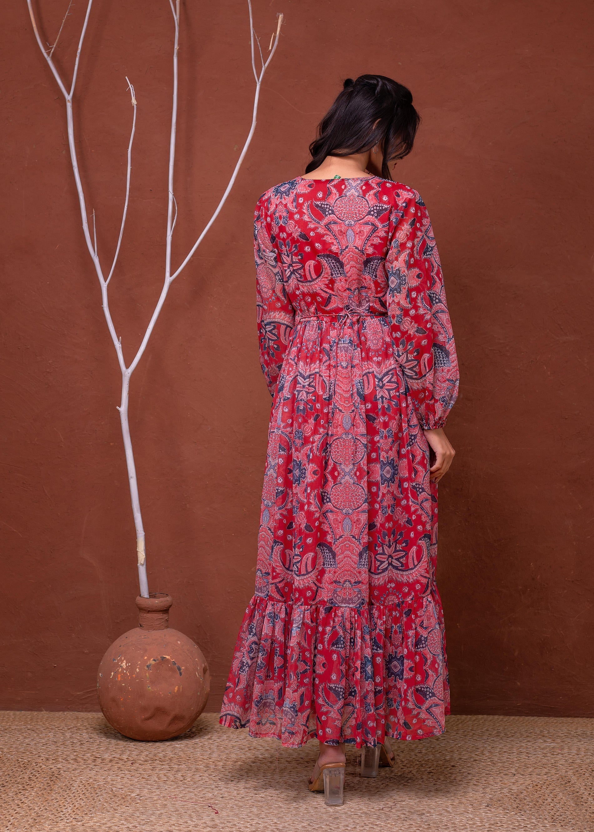 Floral Printed Dress With Sheer Sleeves & Beaded Waist Detailing - Red