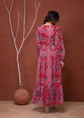 Floral Printed Dress With Sheer Sleeves & Beaded Waist Detailing
