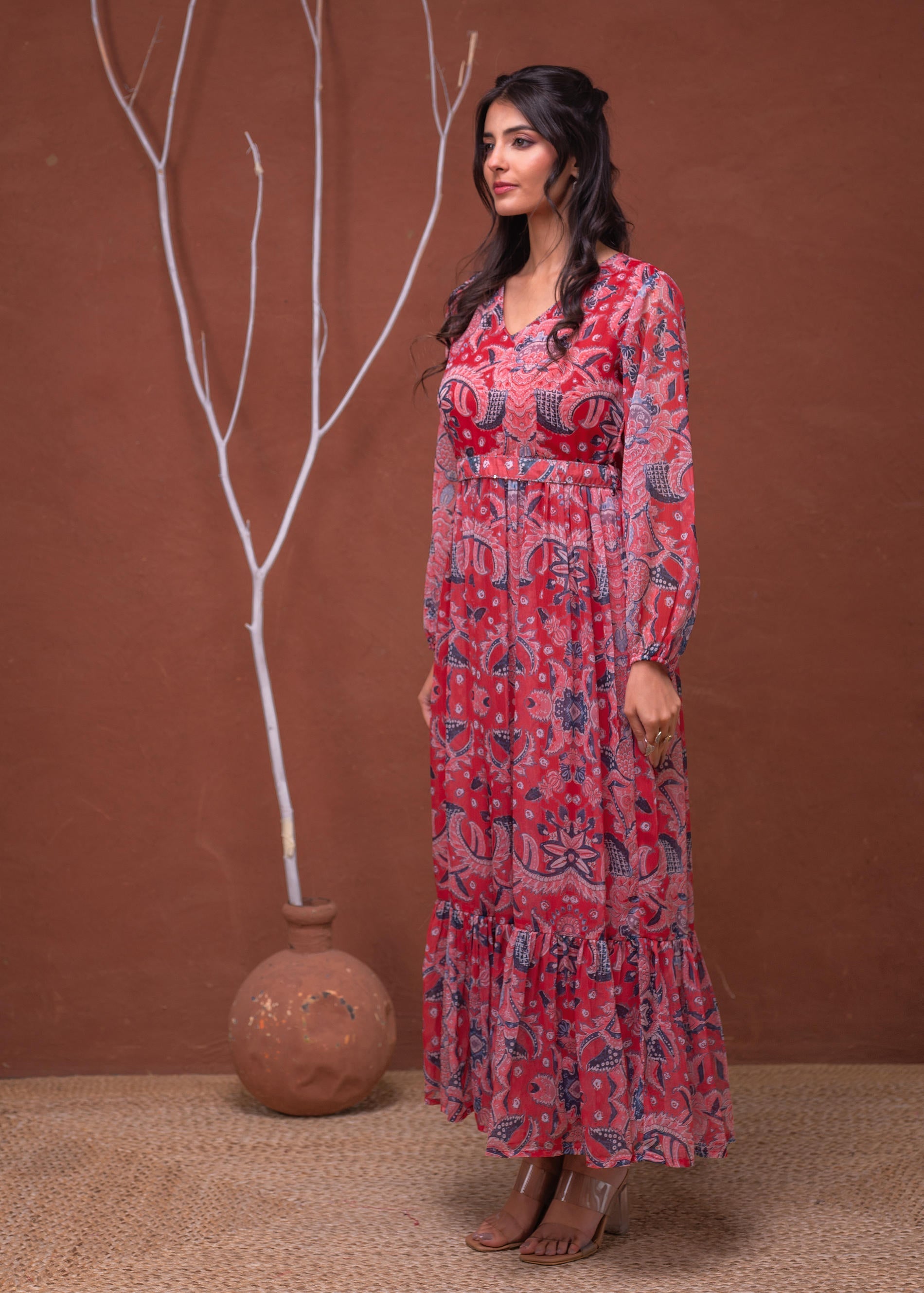 Floral Printed Dress With Sheer Sleeves & Beaded Waist Detailing - Red