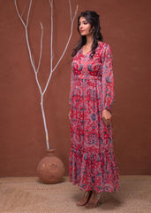 Floral Printed Dress With Sheer Sleeves & Beaded Waist Detailing