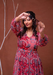 Floral Printed Dress With Sheer Sleeves & Beaded Waist Detailing