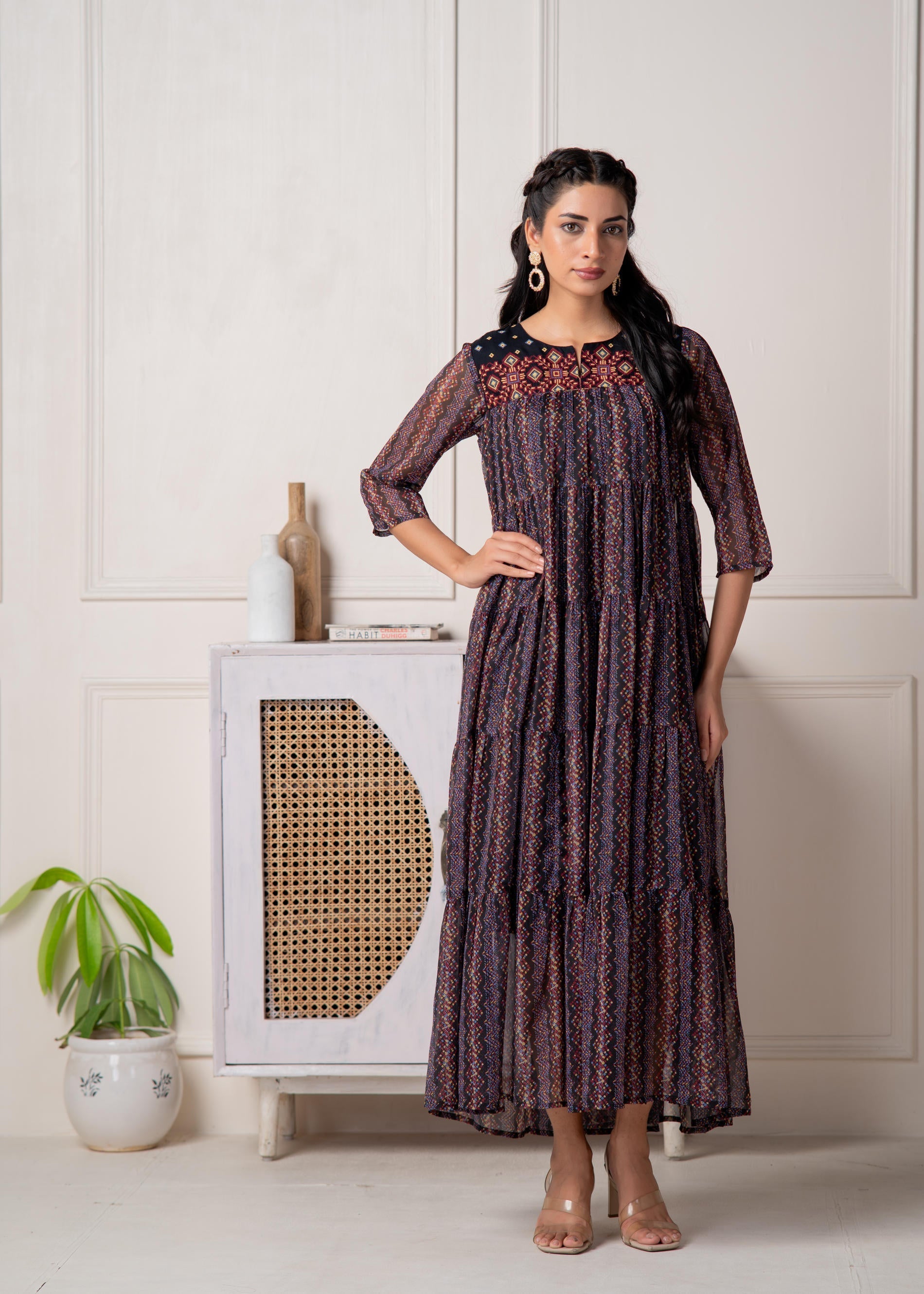 Blue Printed Tiered Dress With Detailed Yoke | DesiQlo