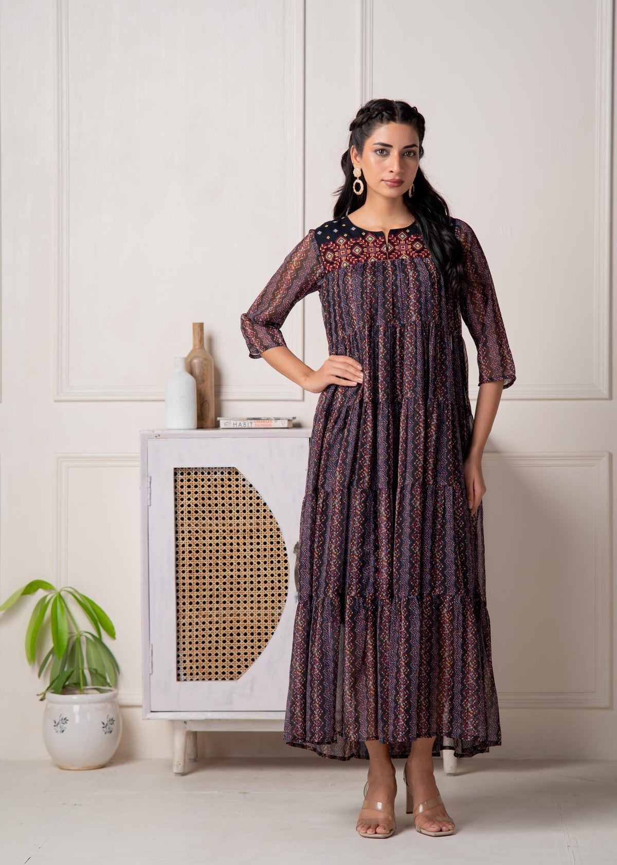 Blue Printed Tiered Dress With Detailed Yoke