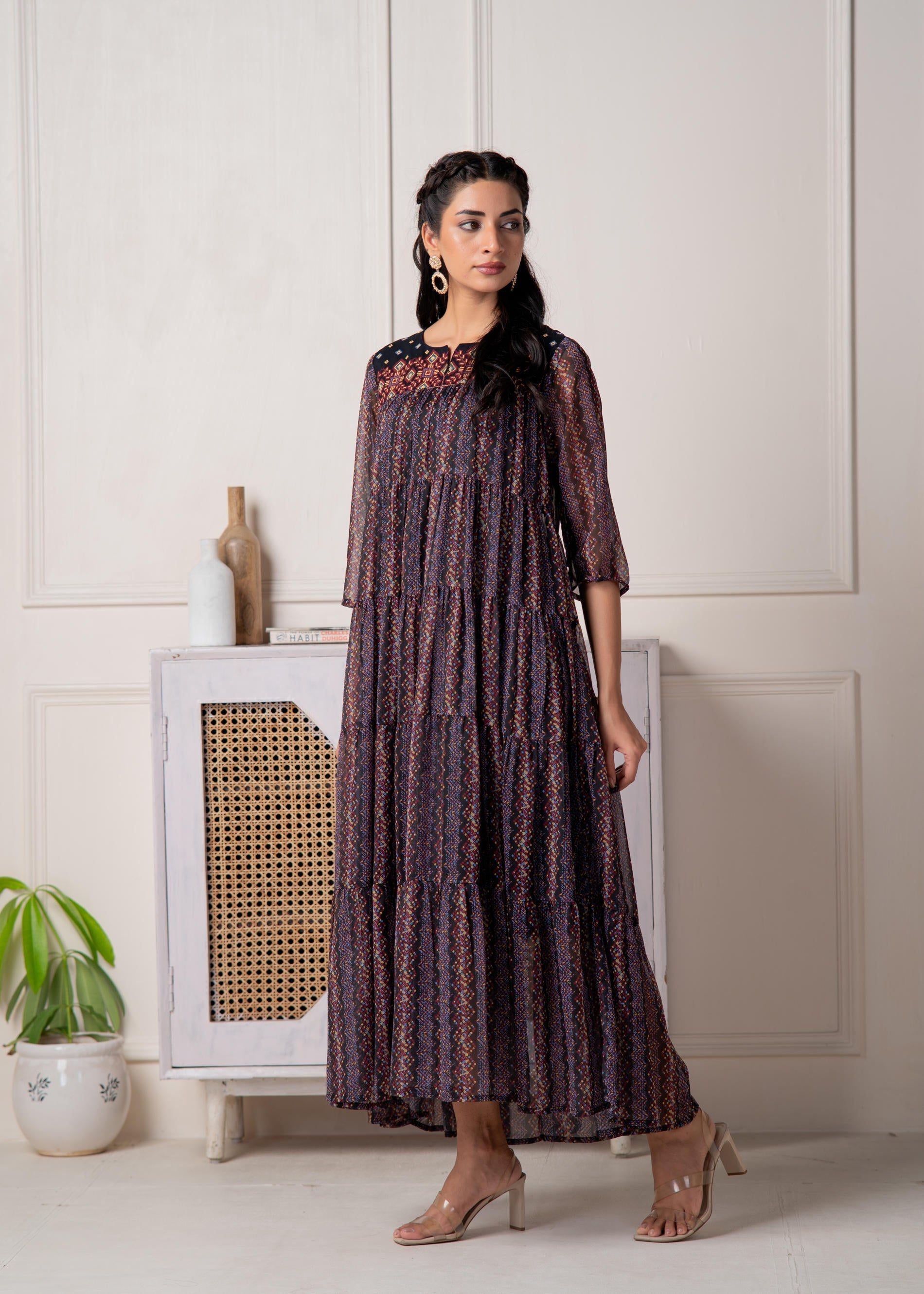 Blue Printed Tiered Dress With Detailed Yoke | DesiQlo