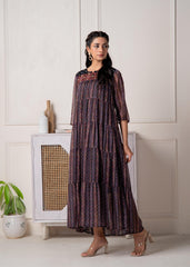 Blue Printed Tiered Dress With Detailed Yoke