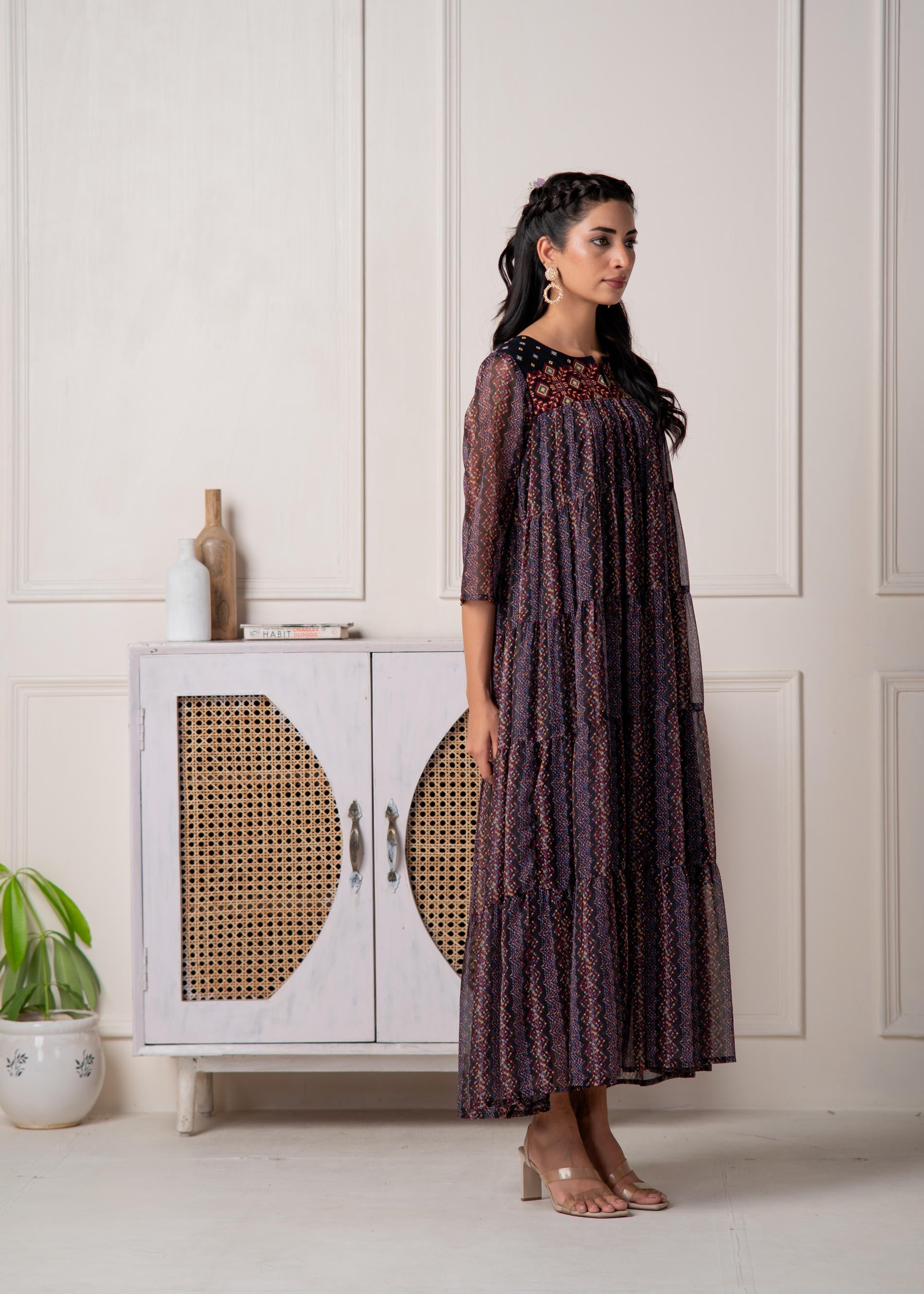 Blue Printed Tiered Dress With Detailed Yoke | DesiQlo