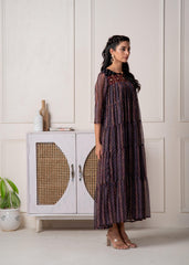 Blue Printed Tiered Dress With Detailed Yoke