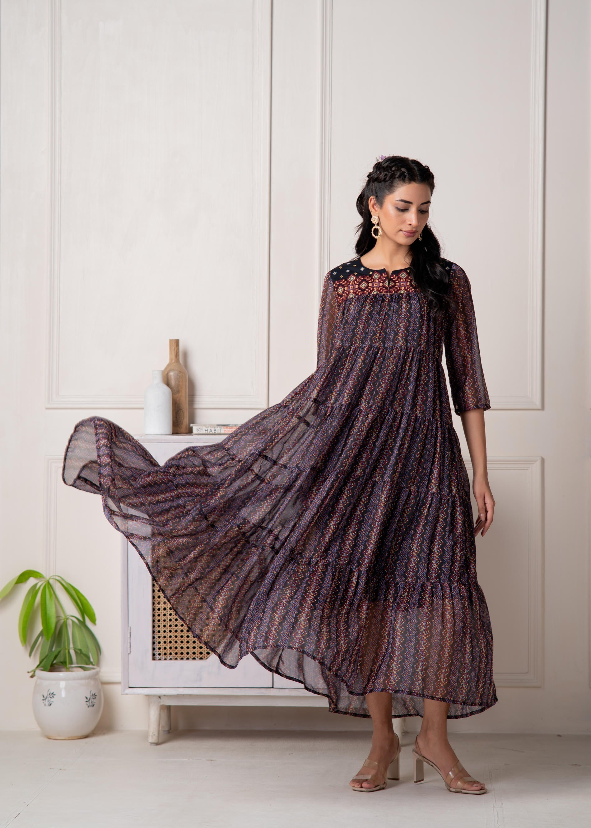 Blue Printed Tiered Dress With Detailed Yoke | DesiQlo