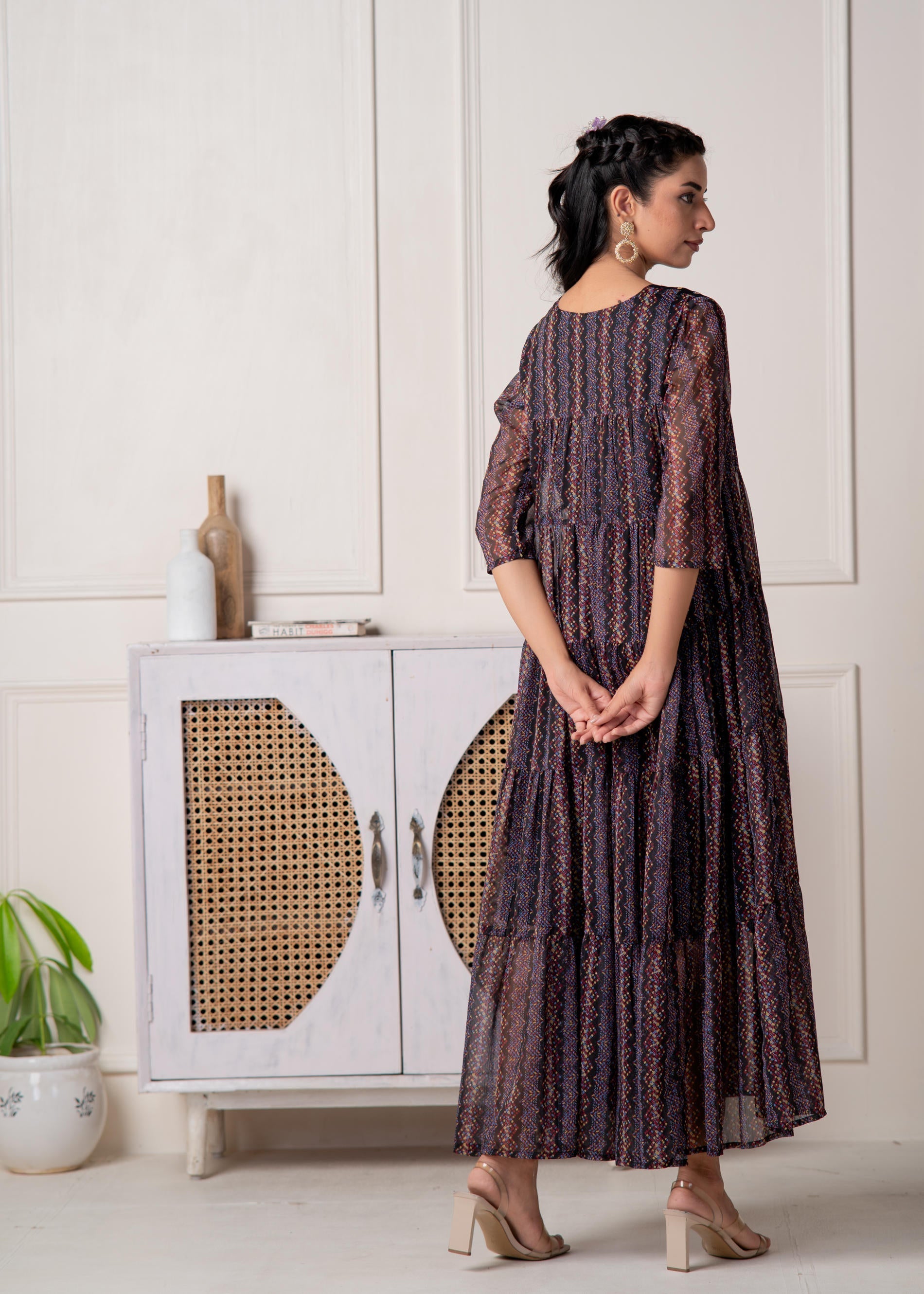 Blue Printed Tiered Dress With Detailed Yoke | DesiQlo