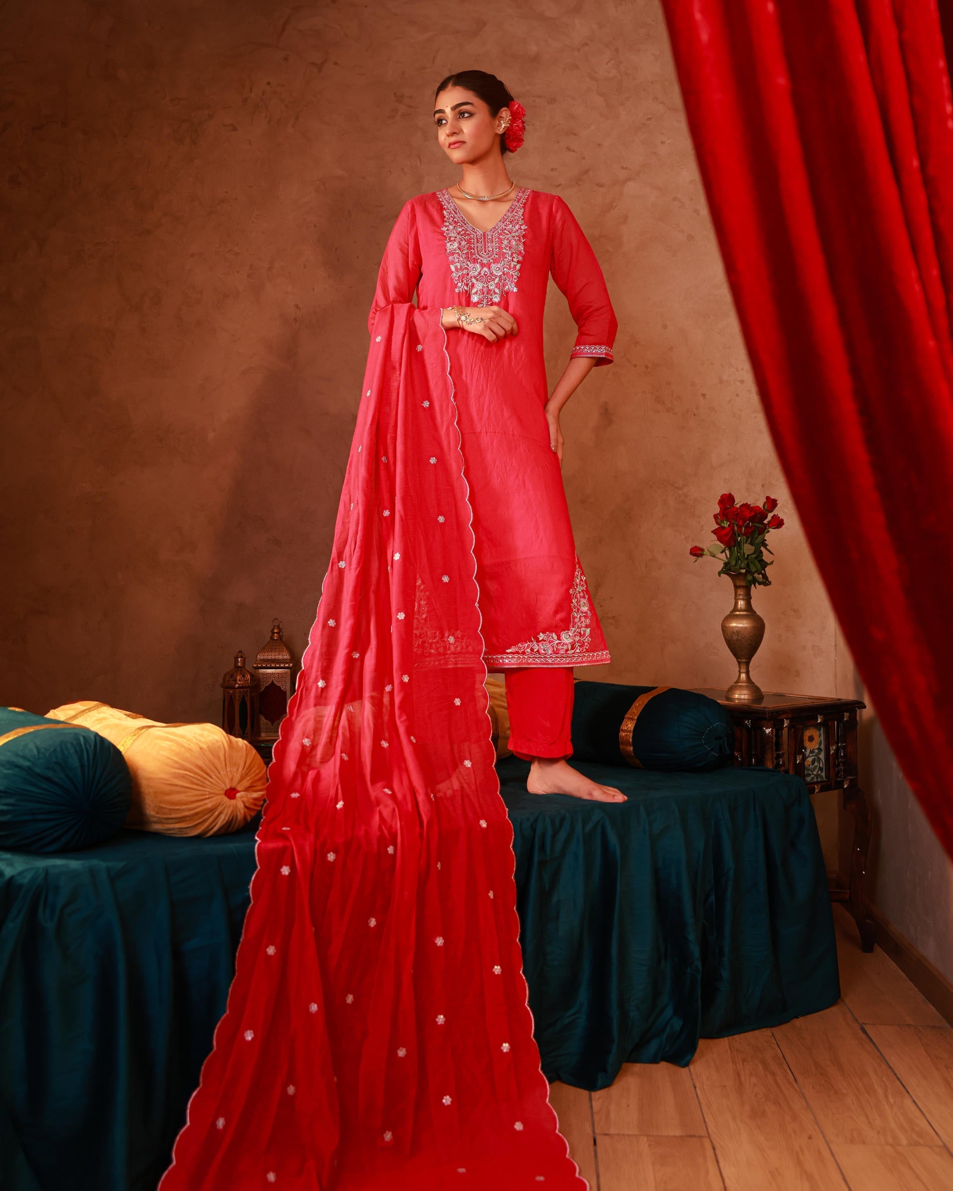 Fuchsia Viscose Straight Kurta with Pants & Dupatta Set with Thread & 