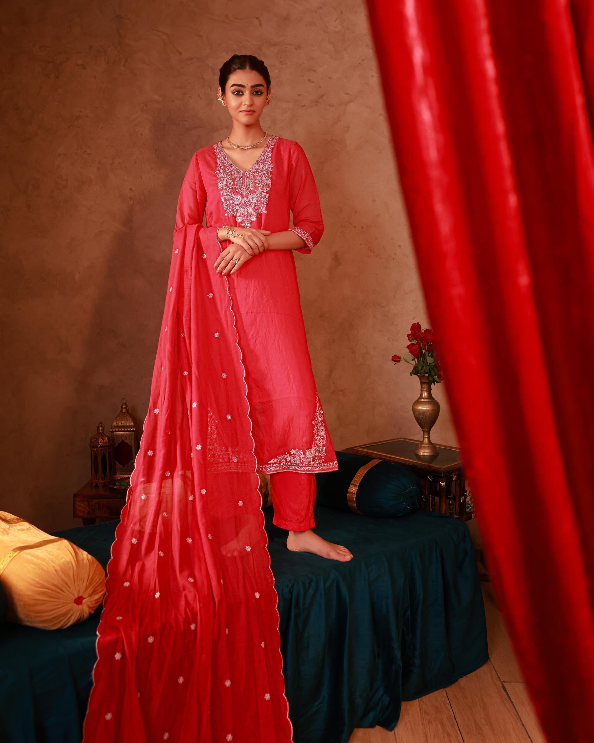 Fuchsia Viscose Straight Kurta with Pants & Dupatta Set with Thread & 