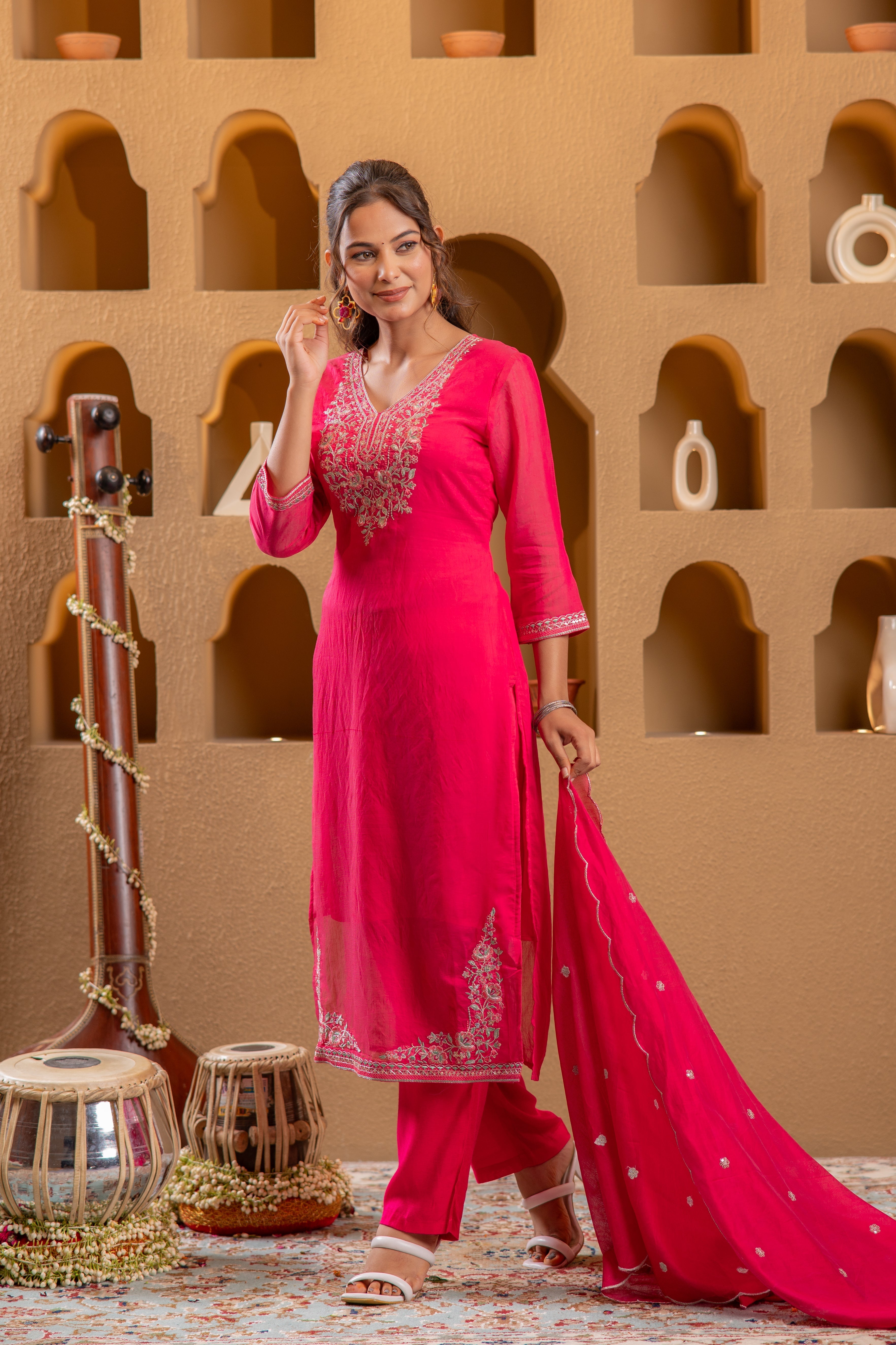Fuchsia Viscose Straight Kurta with Pants & Dupatta Set with Thread & 