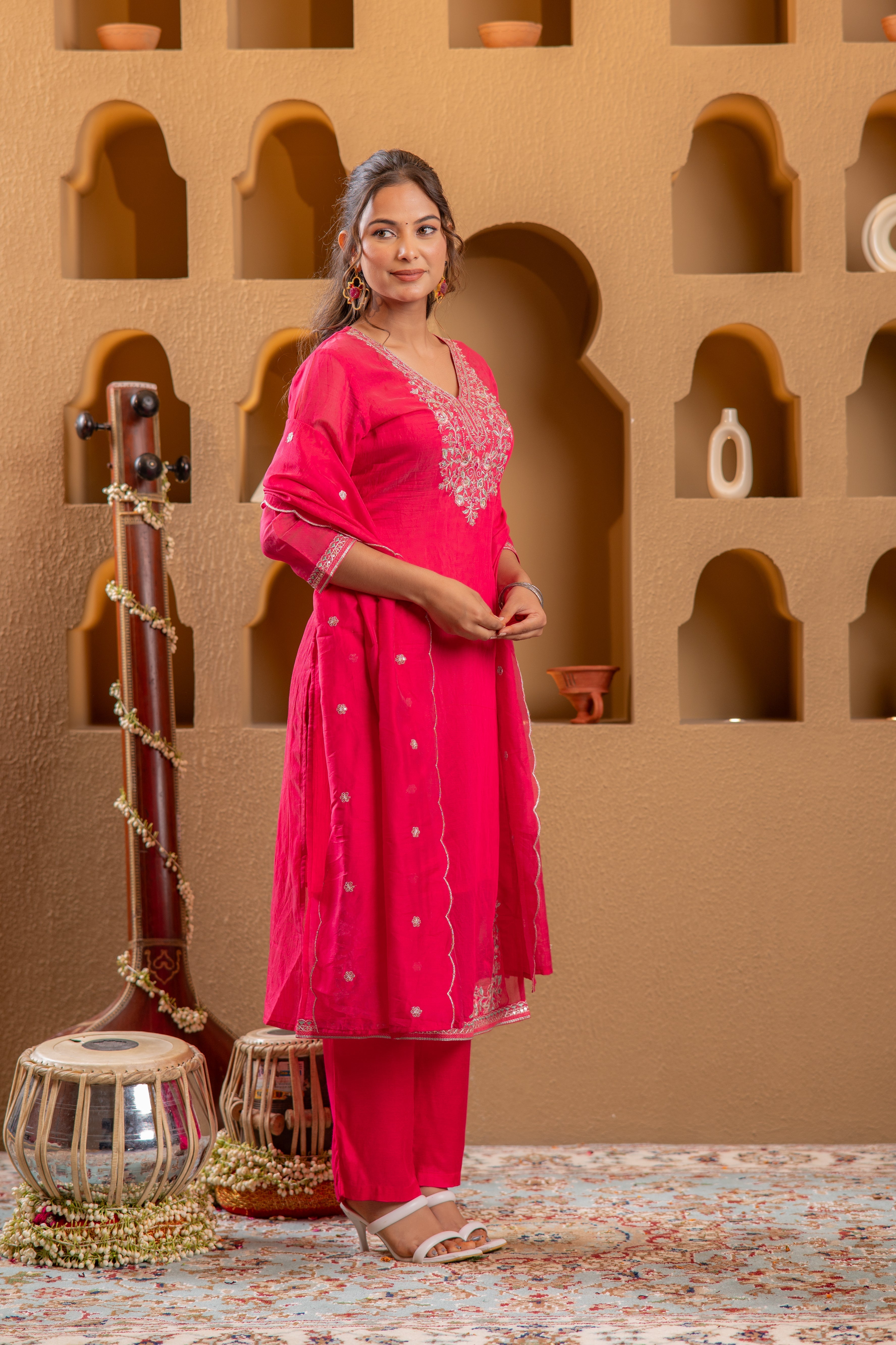 Fuchsia Viscose Straight Kurta with Pants & Dupatta Set with Thread & 