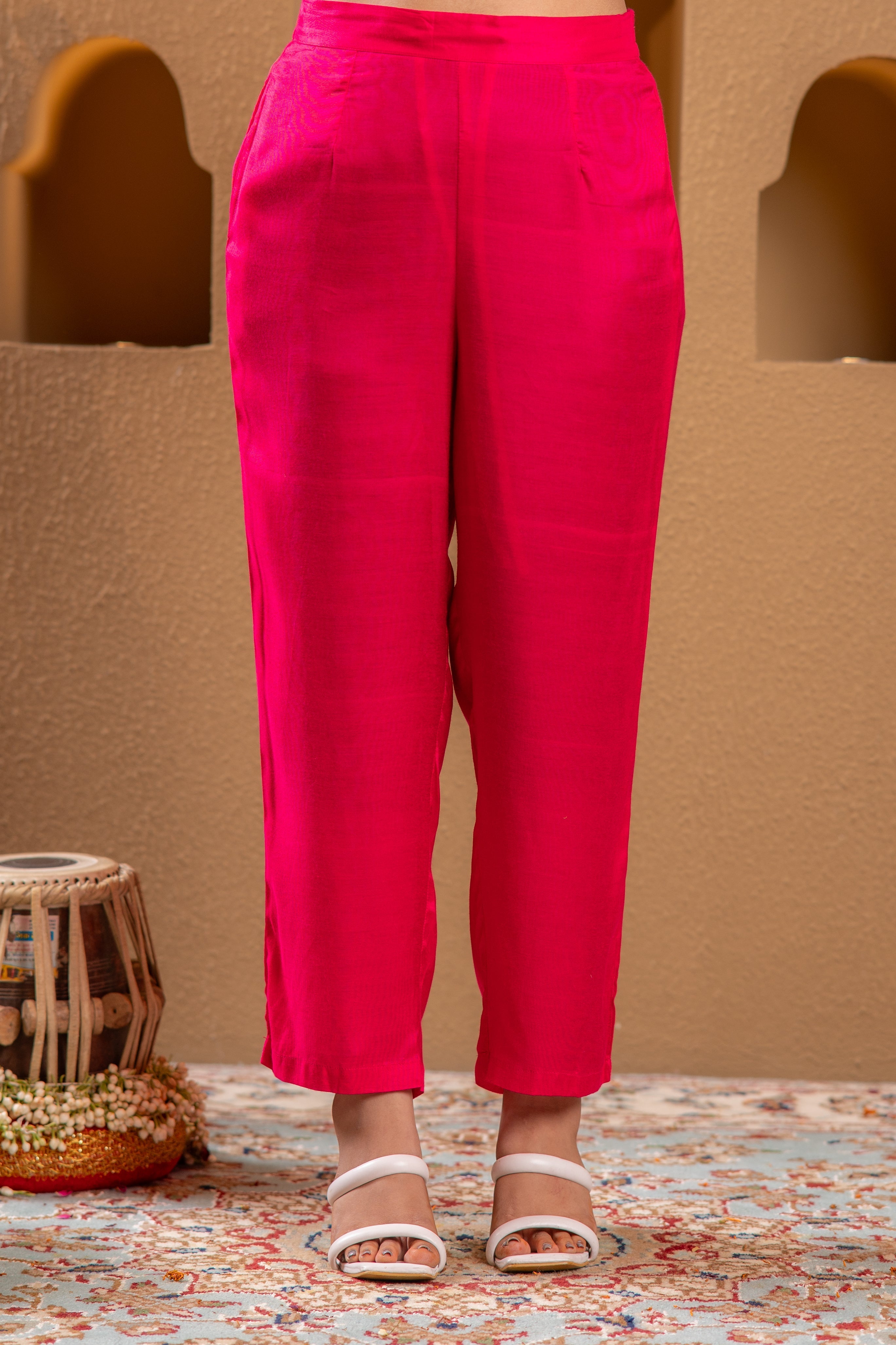 Fuchsia Viscose Straight Kurta with Pants & Dupatta Set with Thread & 