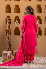 Fuchsia Viscose Straight Kurta with Pants & Dupatta Set with Thread & Zari Work