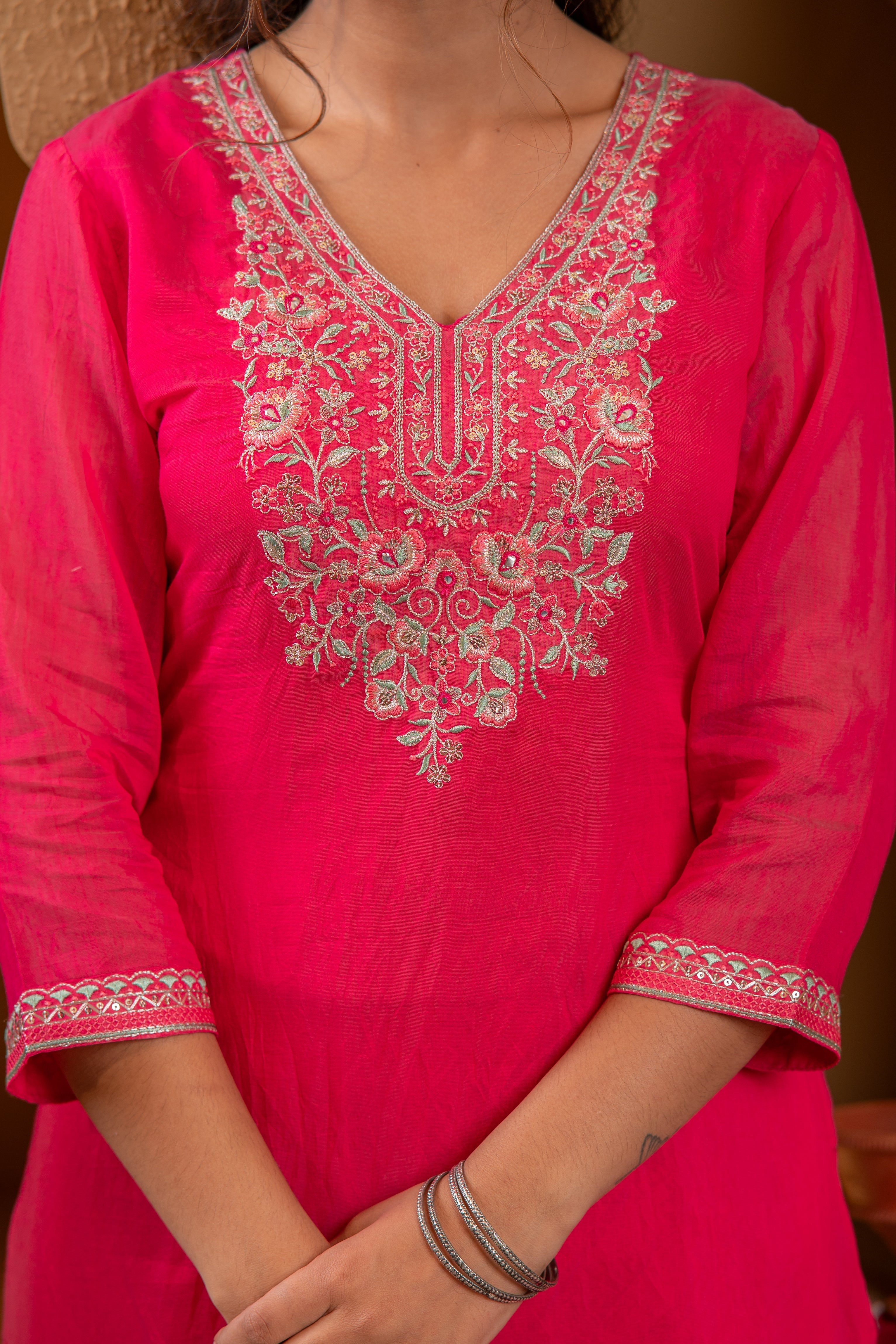 Fuchsia Viscose Straight Kurta with Pants & Dupatta Set with Thread & 