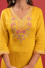 Mustard Viscose Kurta with Pants & Dupatta Set with Thread & Zari Work