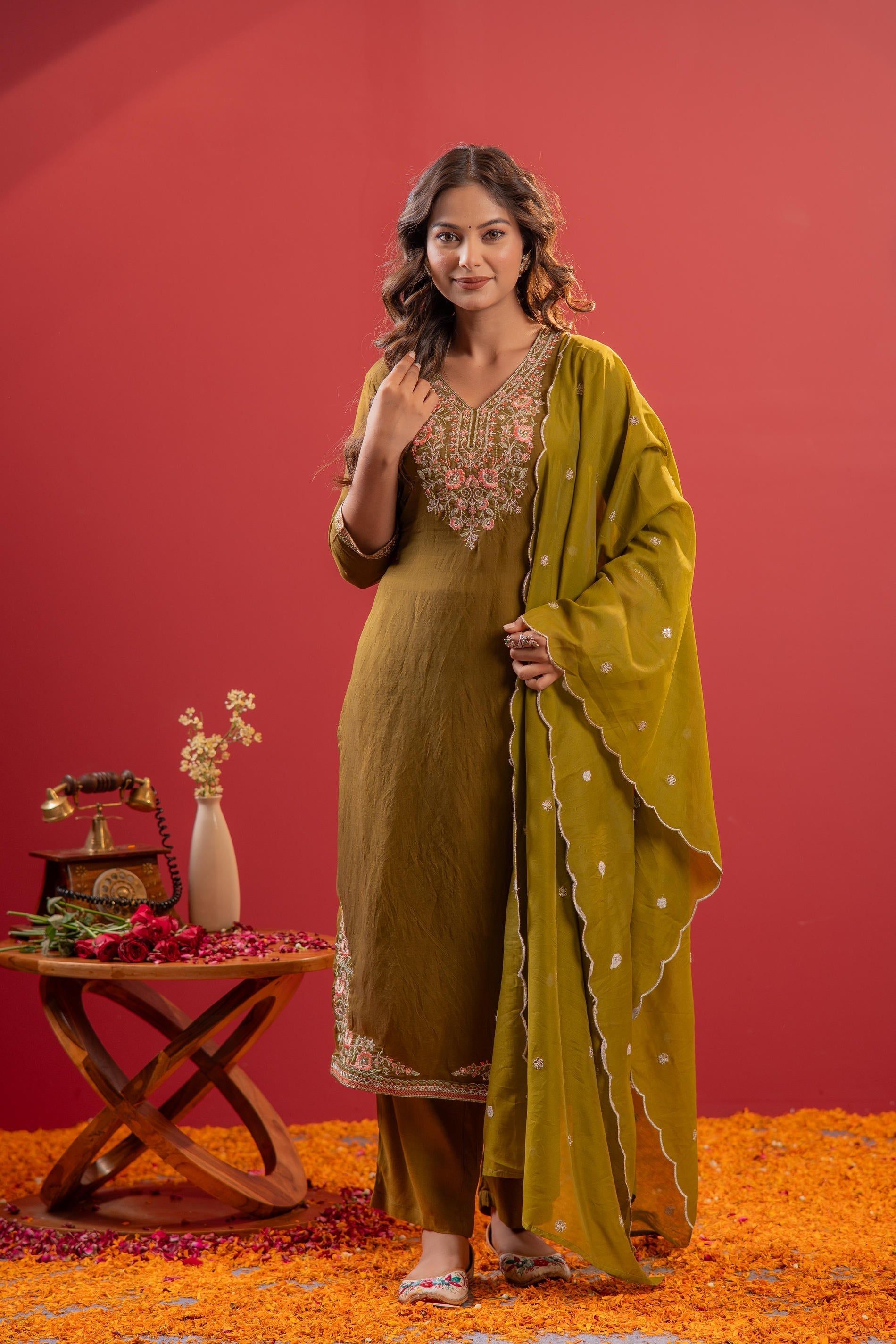 Festive Olive Green Floral Embroidered Kurta Set With Dupatta | DesiQl
