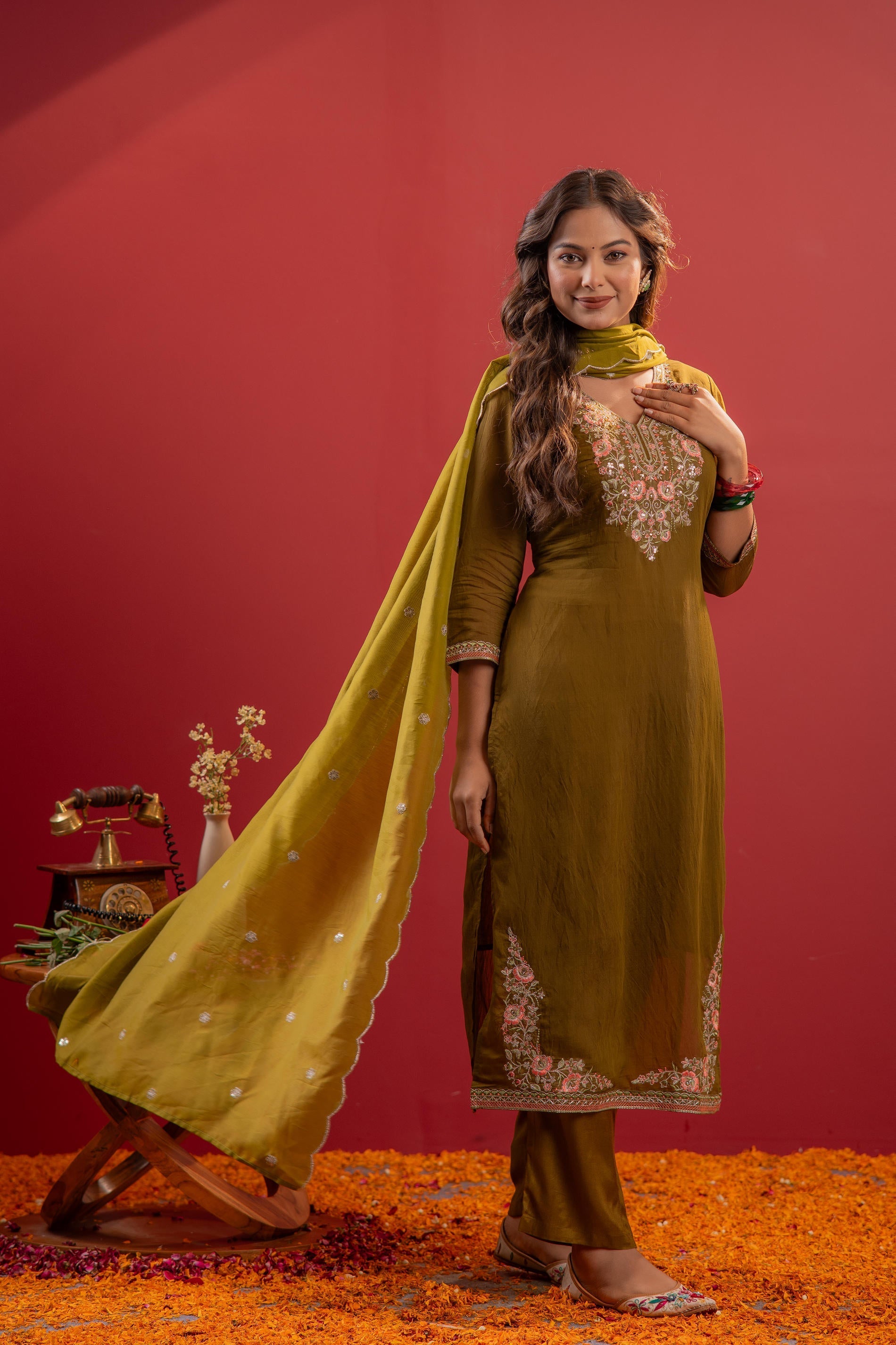 Festive Olive Green Floral Embroidered Kurta Set With Dupatta | DesiQl