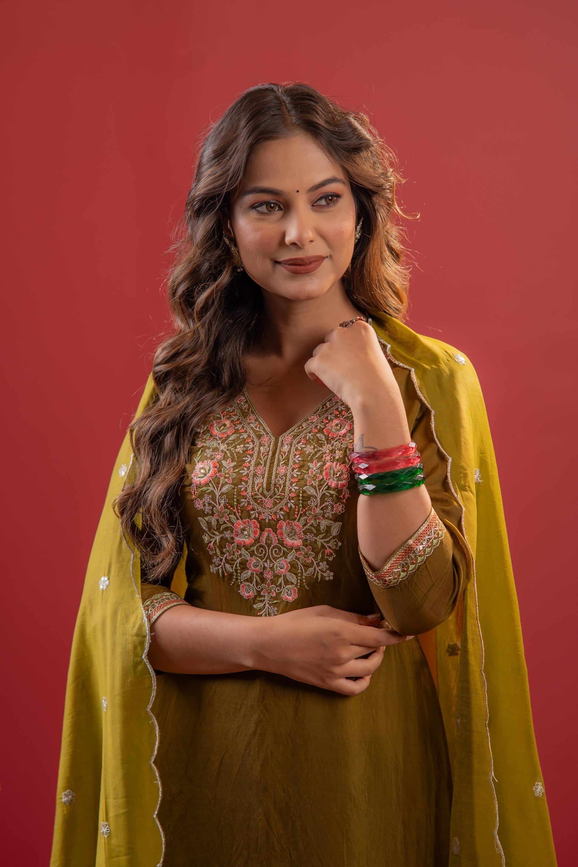 Festive Olive Green Floral Embroidered Kurta Set With Dupatta | DesiQl
