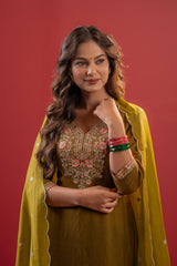 Festive Olive Green Floral Embroidered Kurta Set With Dupatta