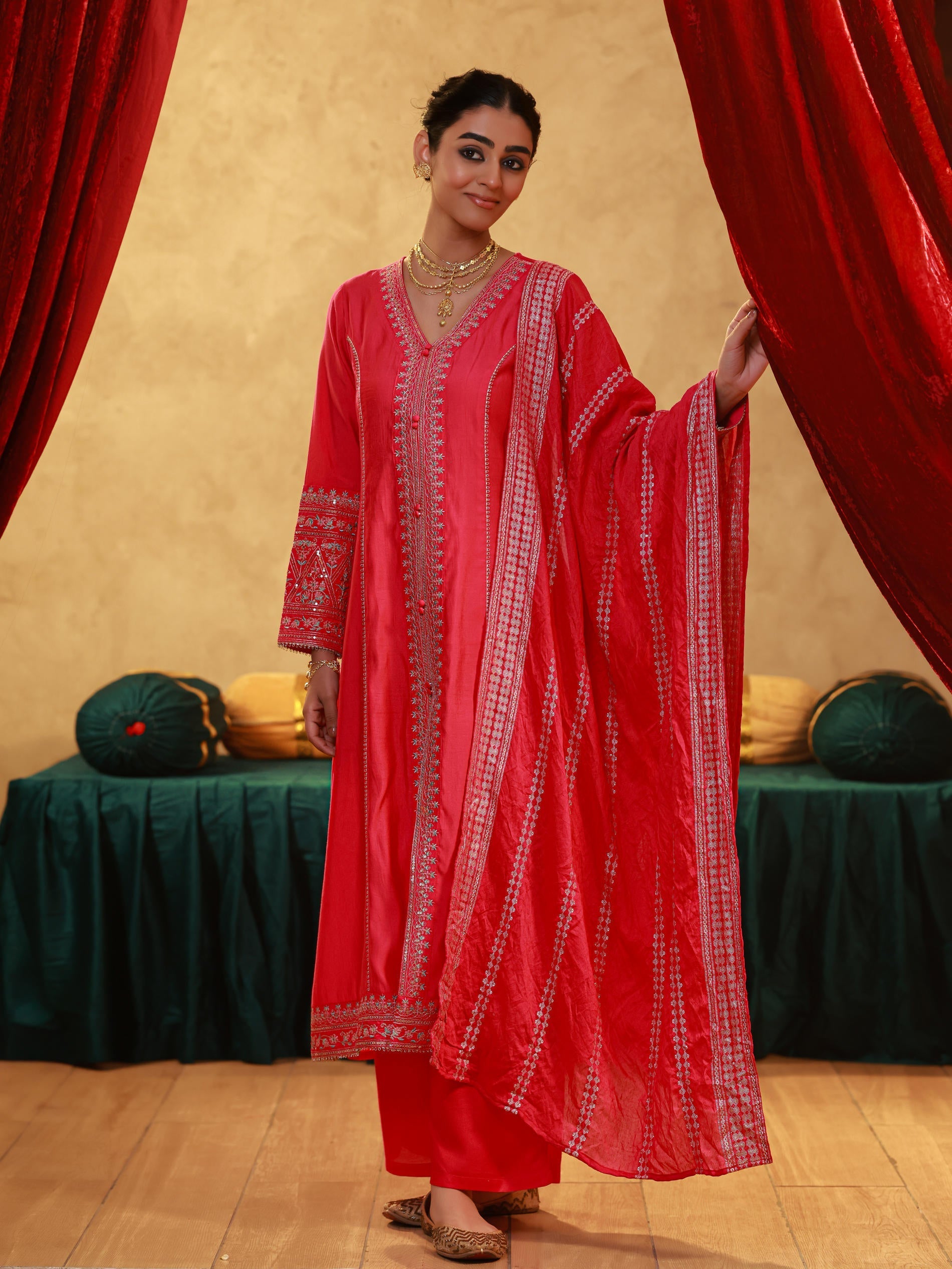 Fuchsia Viscose Solid A-Line Kurta With Pants & Dupatta Set With Zari,