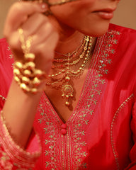 Fuchsia Viscose Solid A-Line Kurta With Pants & Dupatta Set With Zari, Sequence & Dori Work